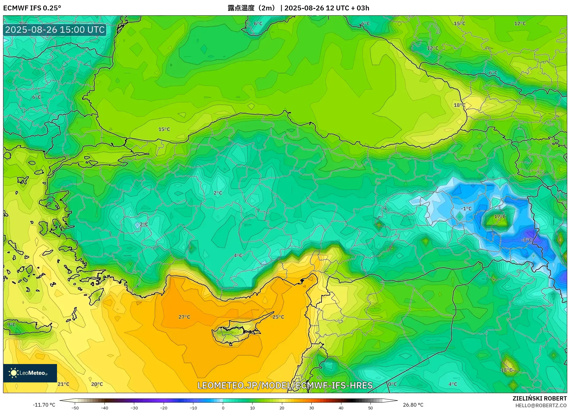 ECMWF IFS 0.25° model - トルコ, 露点温度（2m）
