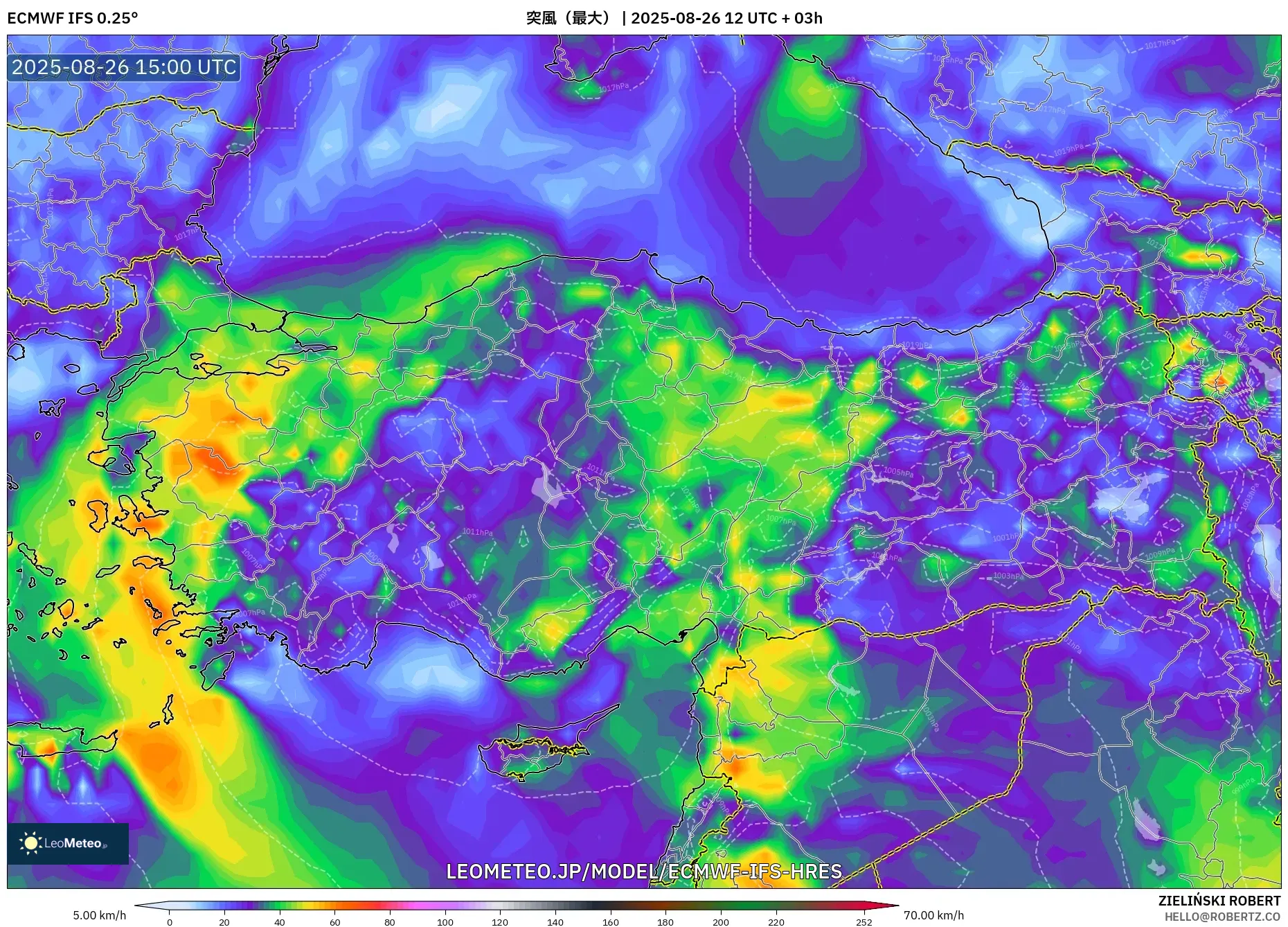 ECMWF IFS 0.25° model - トルコ, 突風(最大) ECMWF IFS 0.25° model - トルコ, 突風(最大)