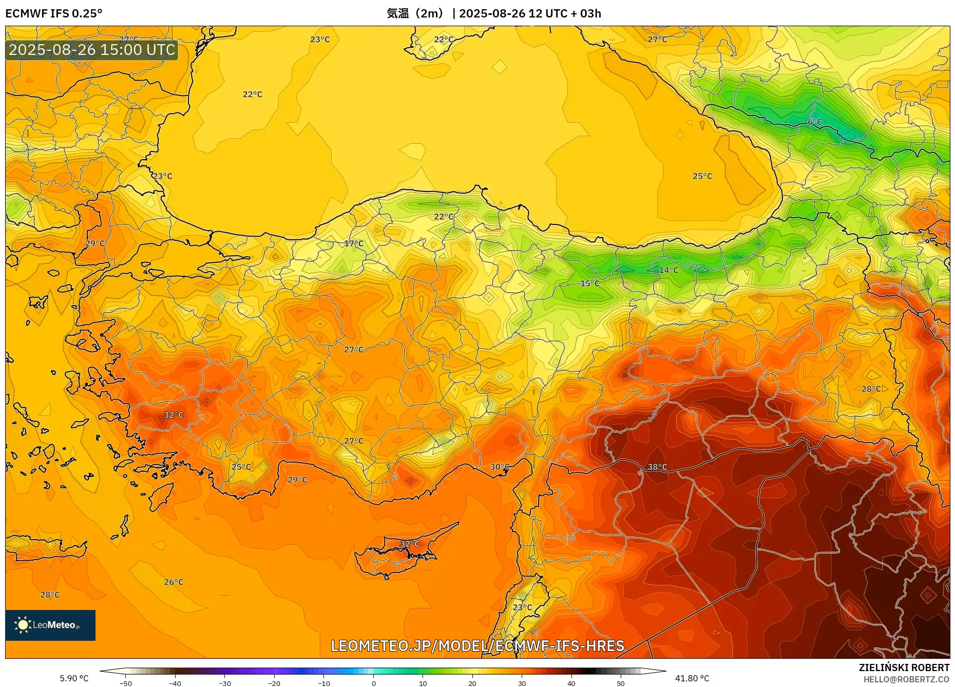 ECMWF IFS 0.25° model - トルコ, 気温(2m) ECMWF IFS 0.25° model - トルコ, 気温(2m)
