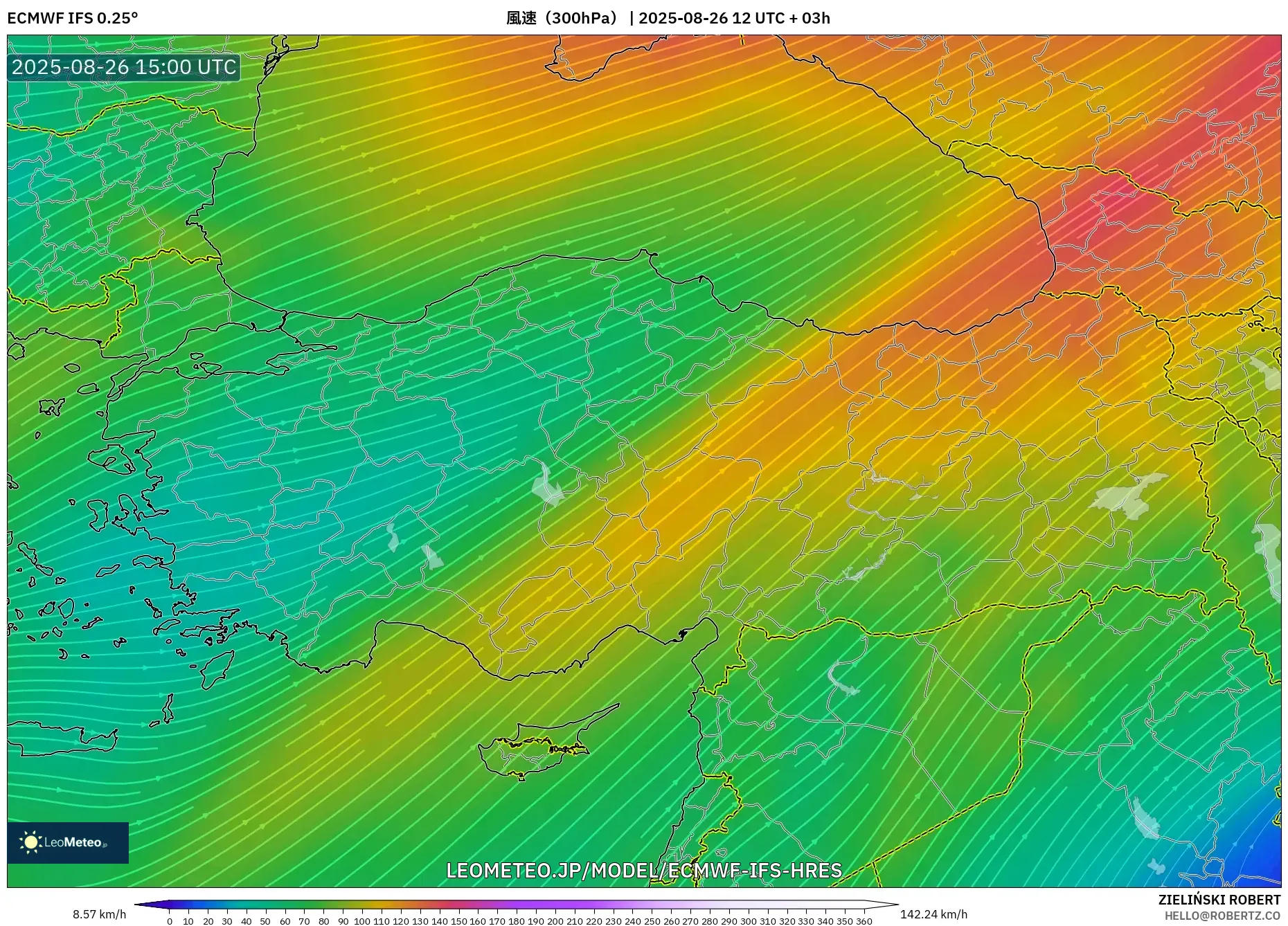 ECMWF IFS 0.25° model - トルコ, 風速(300hPa) ECMWF IFS 0.25° model - トルコ, 風速(300hPa)