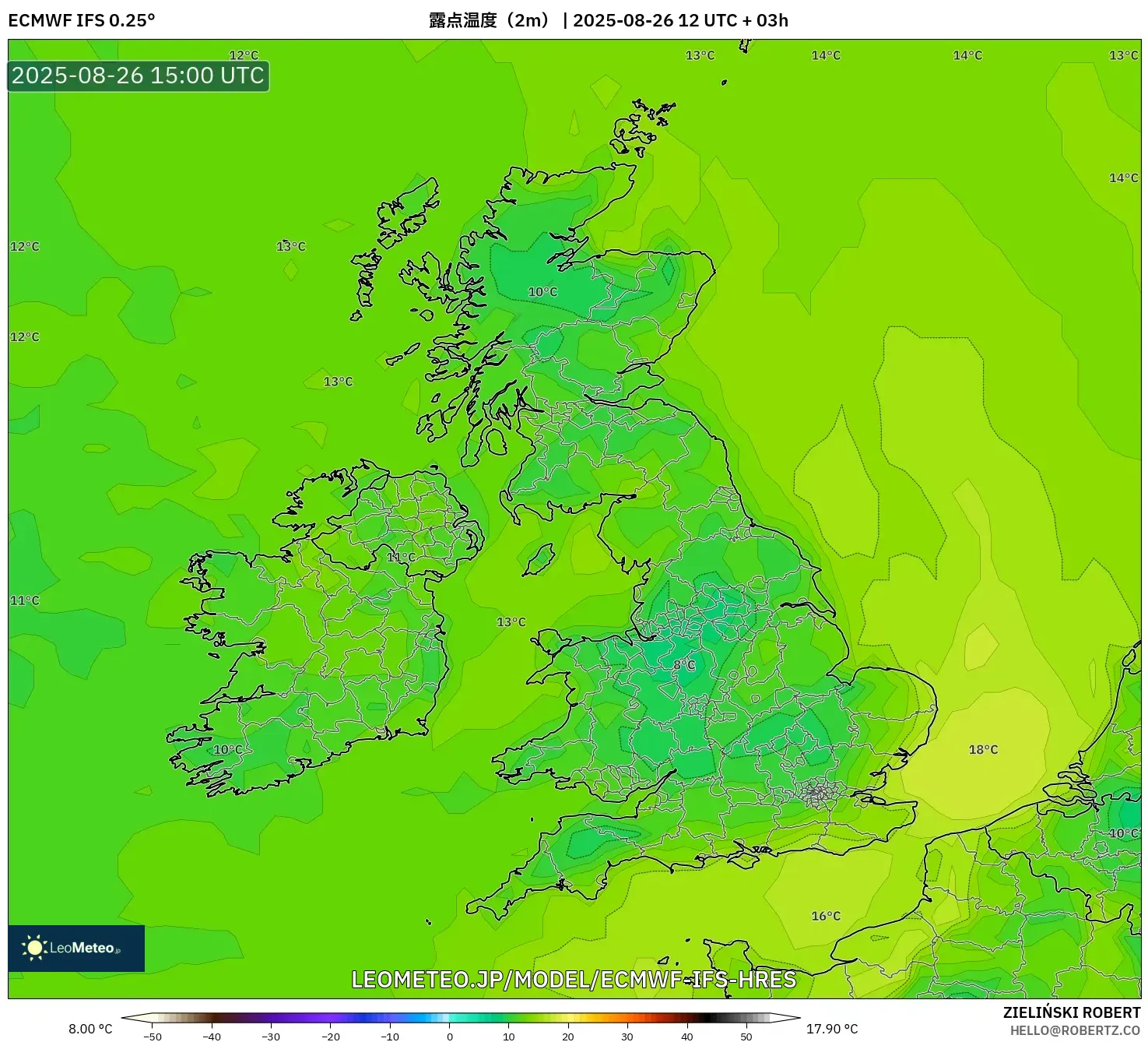 ECMWF IFS 0.25° model - イギリス, 露点温度(2m) ECMWF IFS 0.25° model - イギリス, 露点温度(2m)