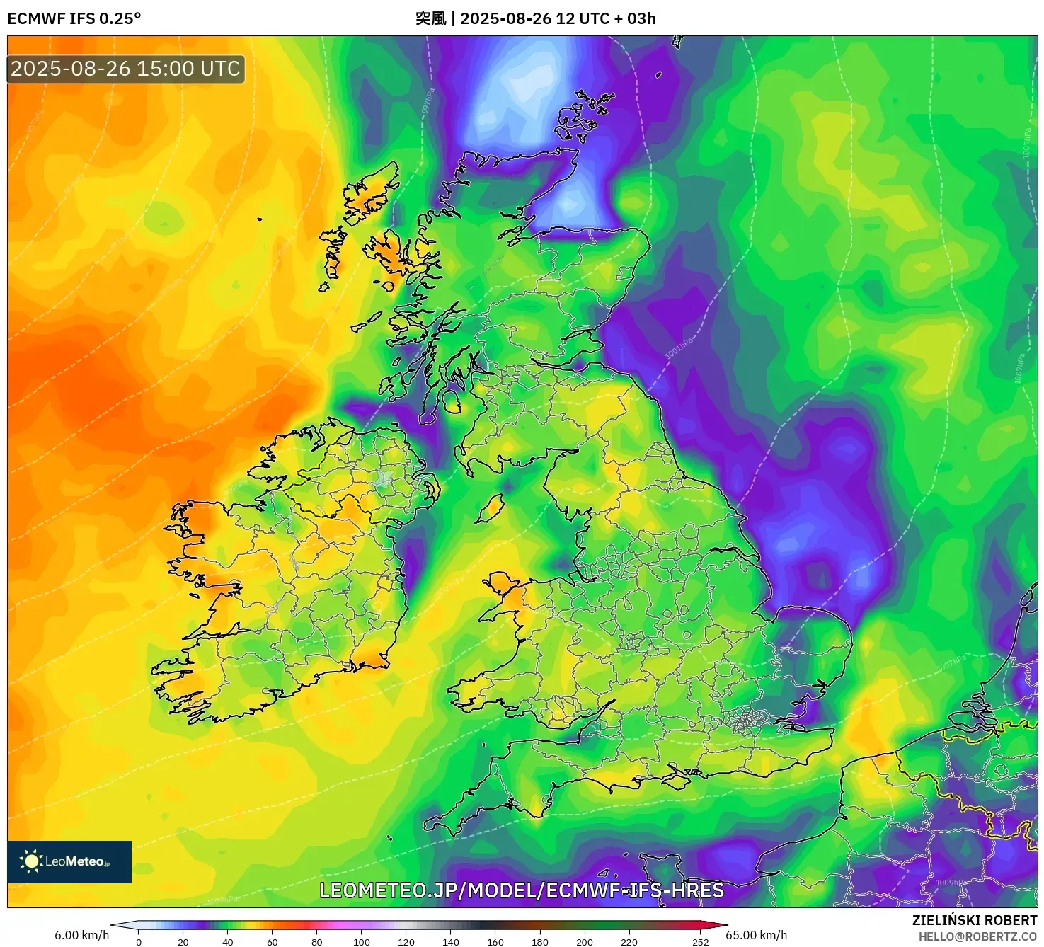 ECMWF IFS 0.25° model - イギリス, 突風 ECMWF IFS 0.25° model - イギリス, 突風