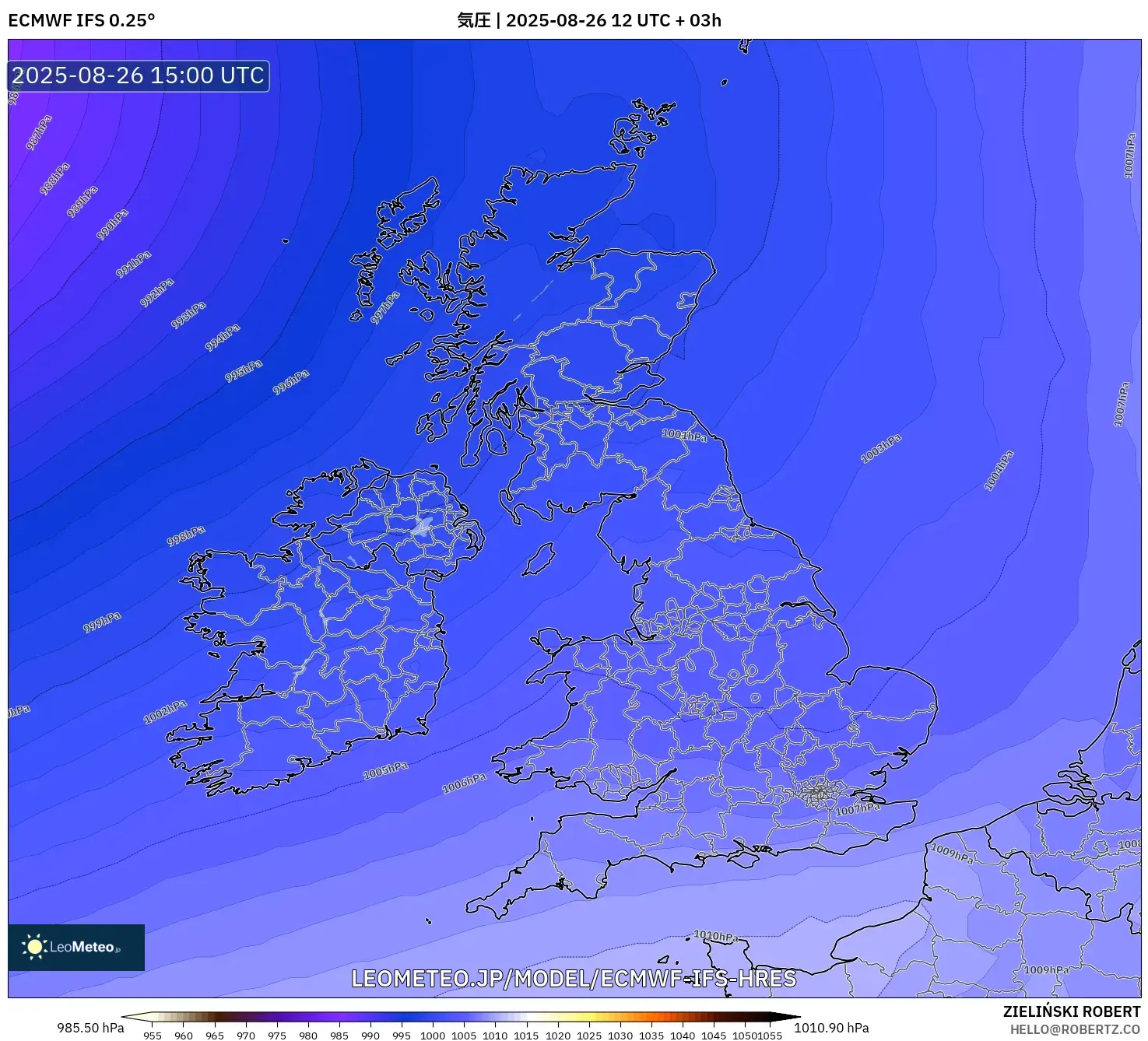 ECMWF IFS 0.25° model - イギリス, 気圧 ECMWF IFS 0.25° model - イギリス, 気圧