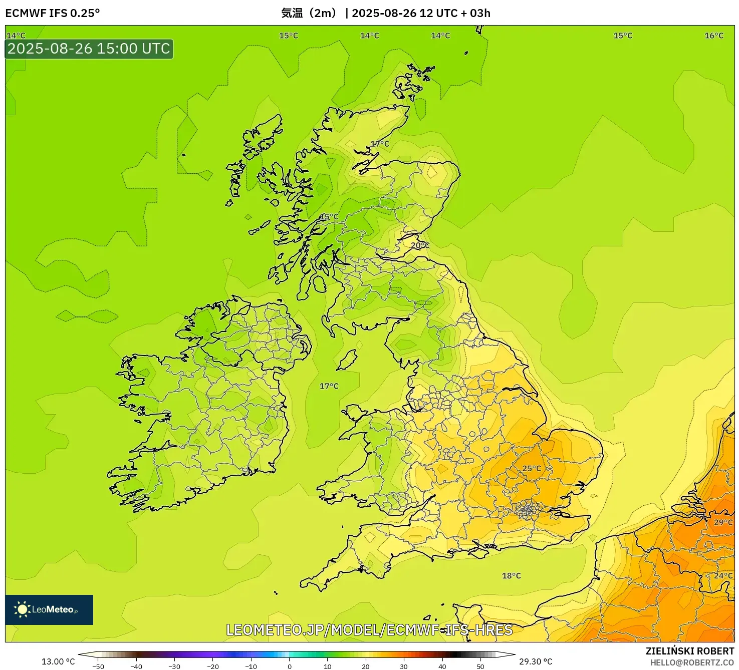 ECMWF IFS 0.25° model - イギリス, 気温(2m) ECMWF IFS 0.25° model - イギリス, 気温(2m)