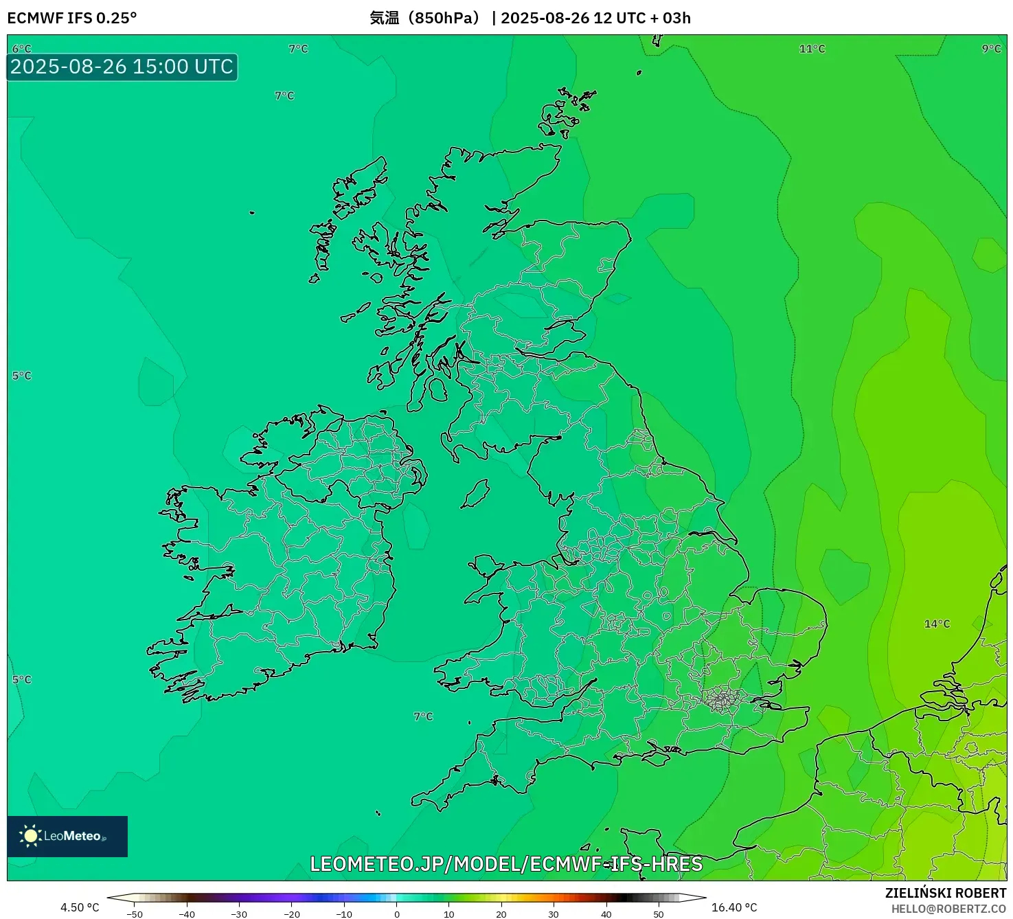 ECMWF IFS 0.25° model - イギリス, 気温(850hPa) ECMWF IFS 0.25° model - イギリス, 気温(850hPa)