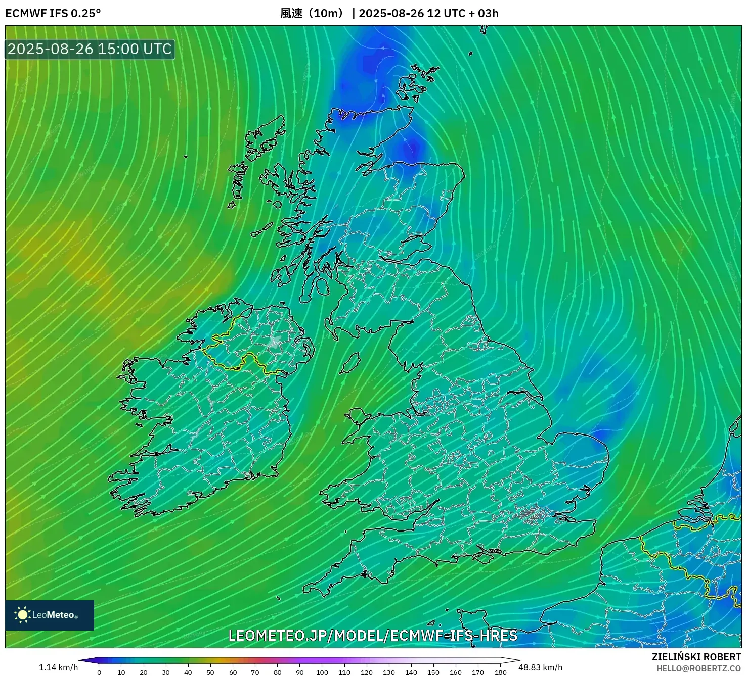 ECMWF IFS 0.25° model - イギリス, 風速（10m）