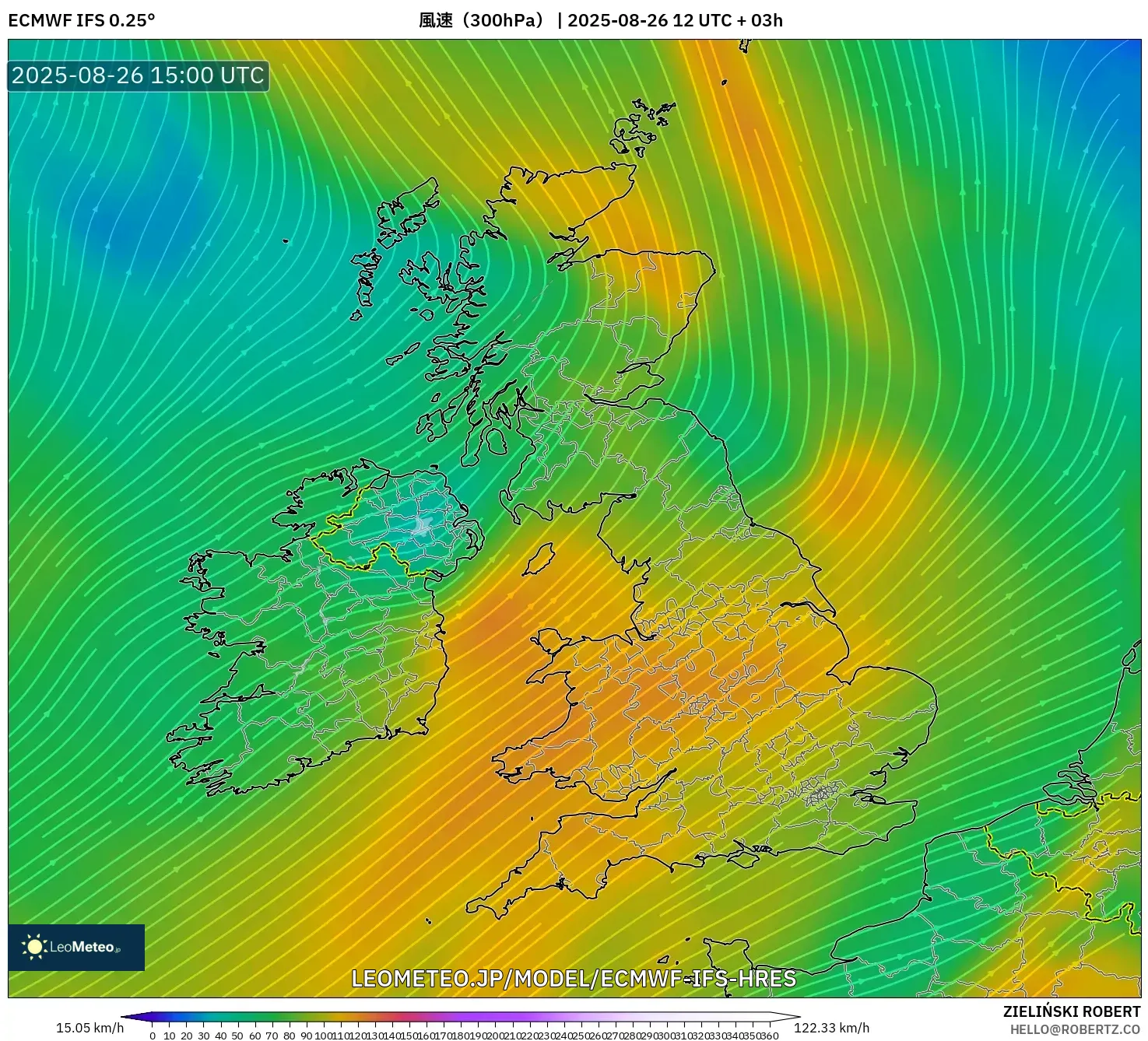 ECMWF IFS 0.25° model - イギリス, 風速(300hPa) ECMWF IFS 0.25° model - イギリス, 風速(300hPa)