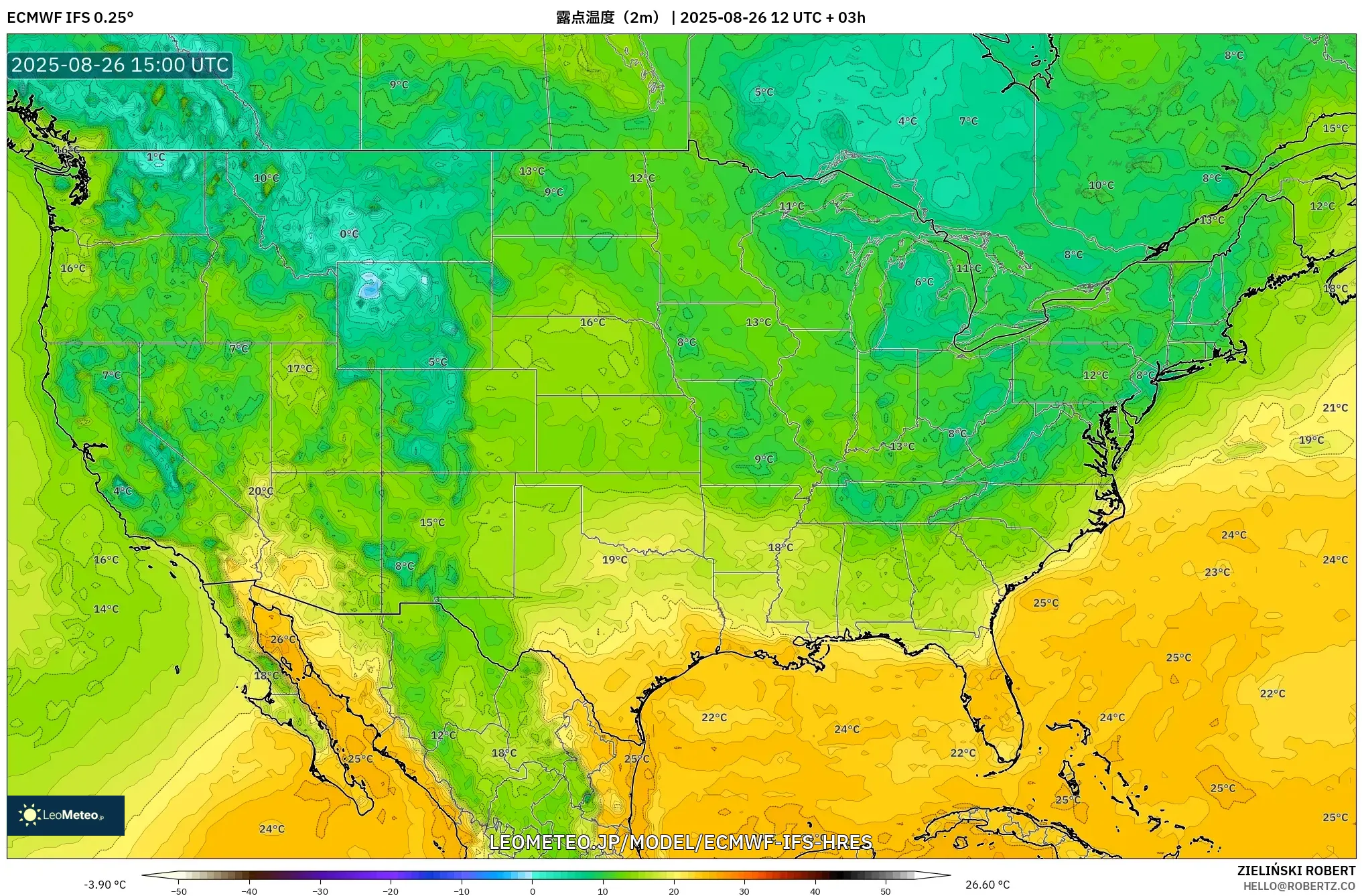 ECMWF IFS 0.25° model - アメリカ合衆国, 露点温度(2m) ECMWF IFS 0.25° model - アメリカ合衆国, 露点温度(2m)