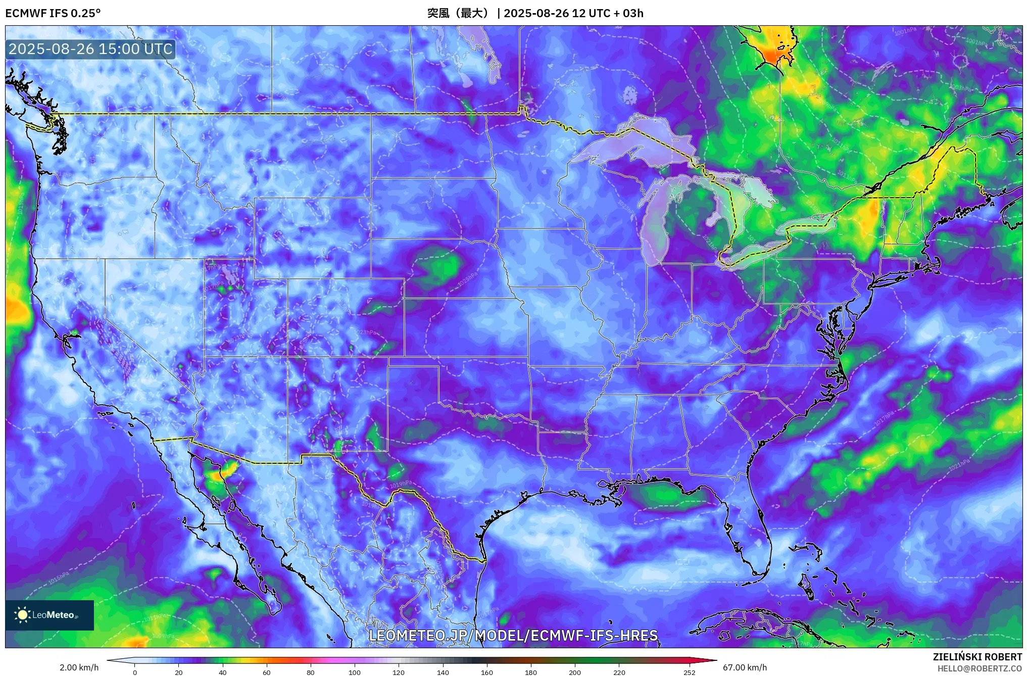 ECMWF IFS 0.25° model - アメリカ合衆国, 突風（最大）