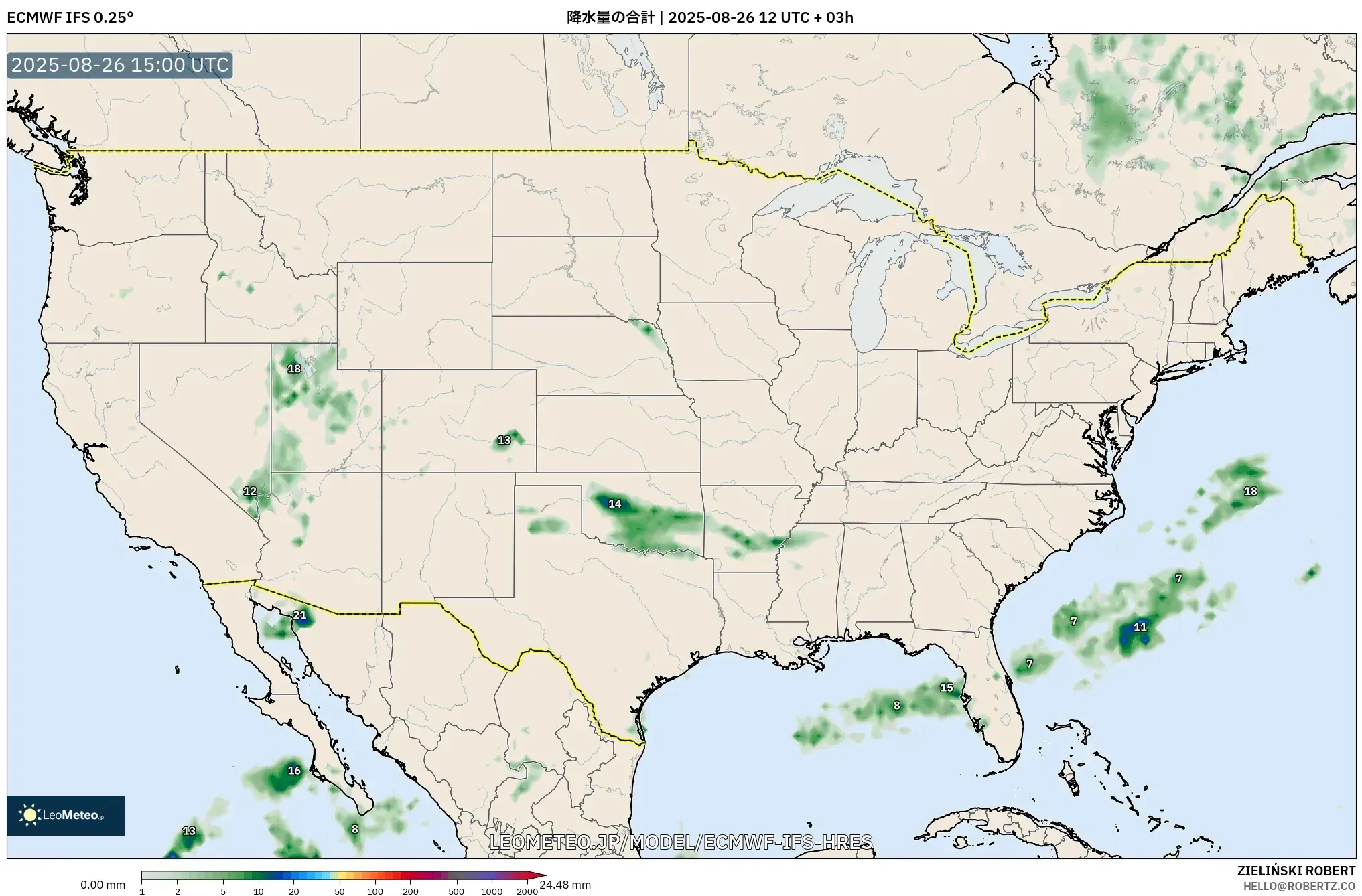 ECMWF IFS 0.25° model - アメリカ合衆国, 降水量の合計 ECMWF IFS 0.25° model - アメリカ合衆国, 降水量の合計