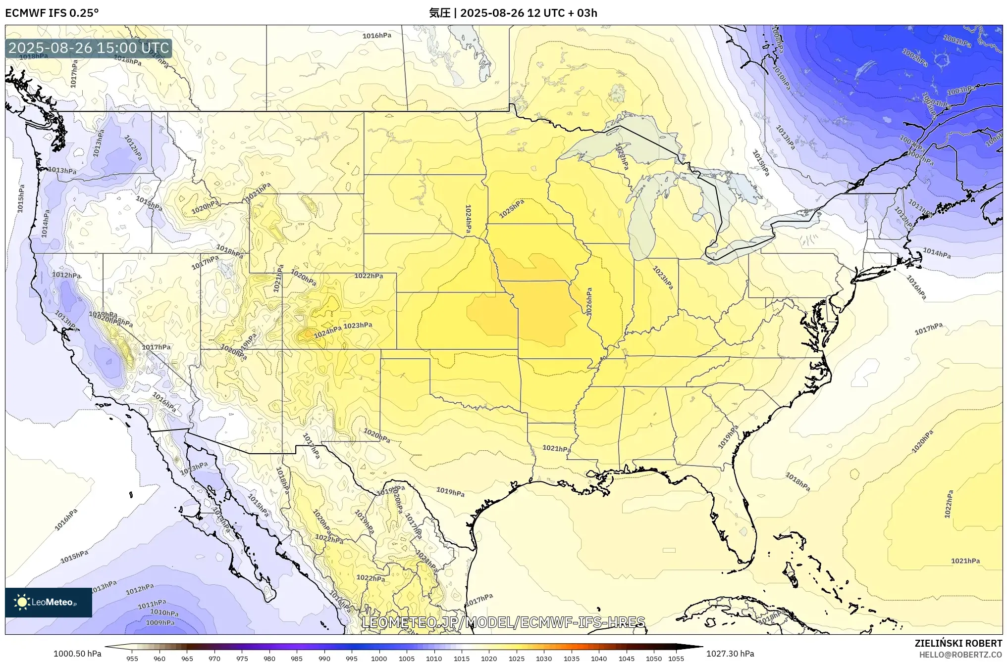 ECMWF IFS 0.25° model - アメリカ合衆国, 気圧 ECMWF IFS 0.25° model - アメリカ合衆国, 気圧
