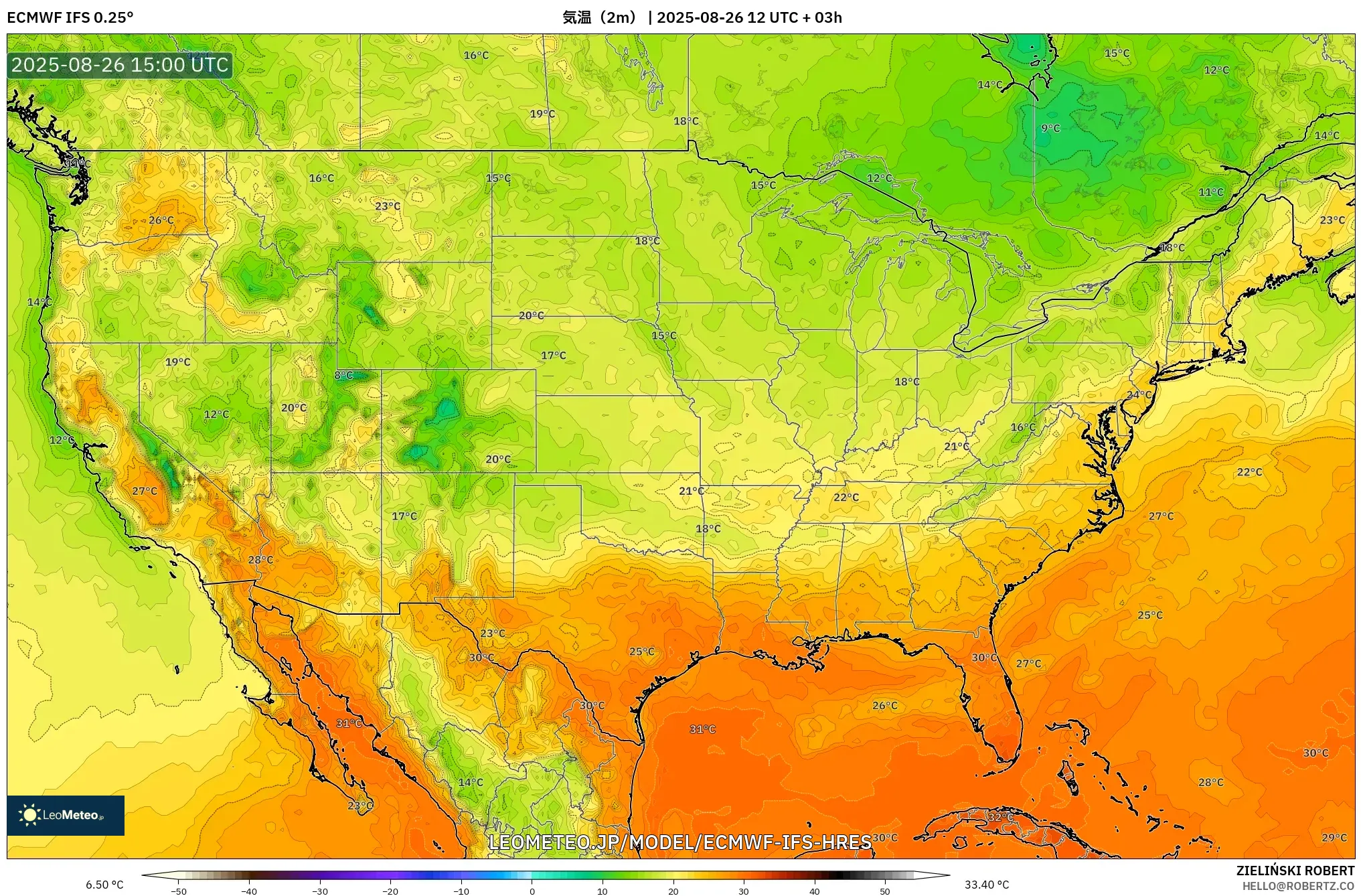 ECMWF IFS 0.25° model - アメリカ合衆国, 気温(2m) ECMWF IFS 0.25° model - アメリカ合衆国, 気温(2m)