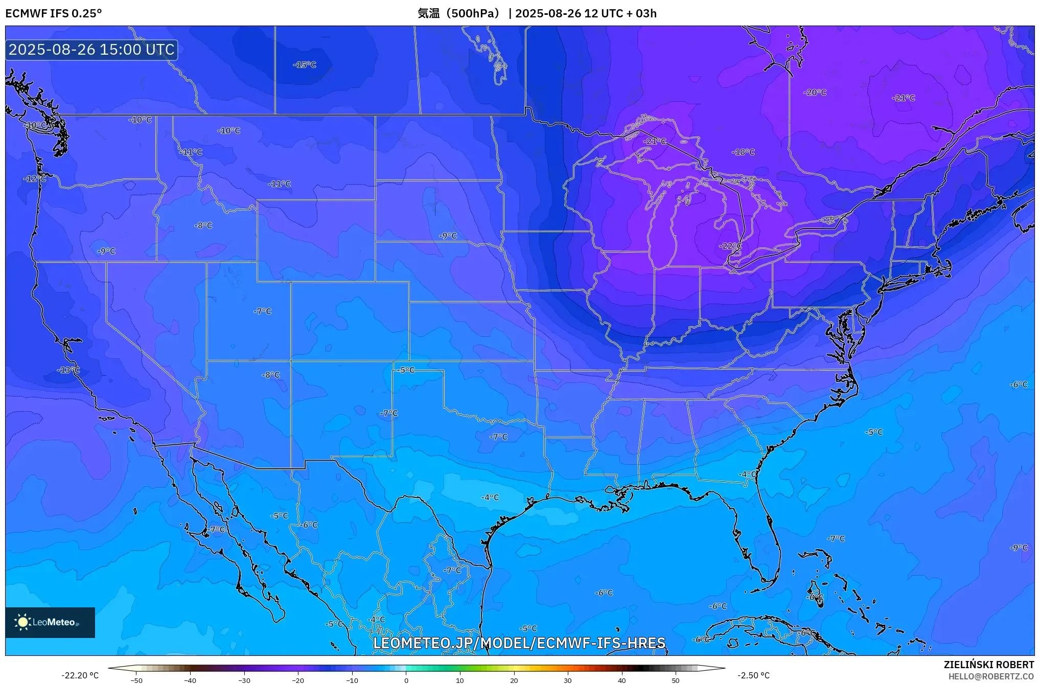 ECMWF IFS 0.25° model - アメリカ合衆国, 気温(500hPa) ECMWF IFS 0.25° model - アメリカ合衆国, 気温(500hPa)