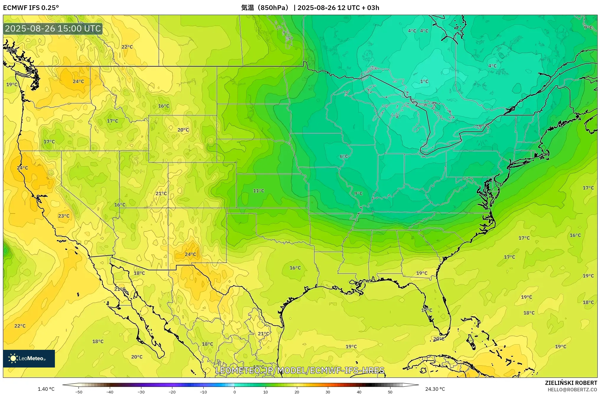 ECMWF IFS 0.25° model - アメリカ合衆国, 気温（850hPa）