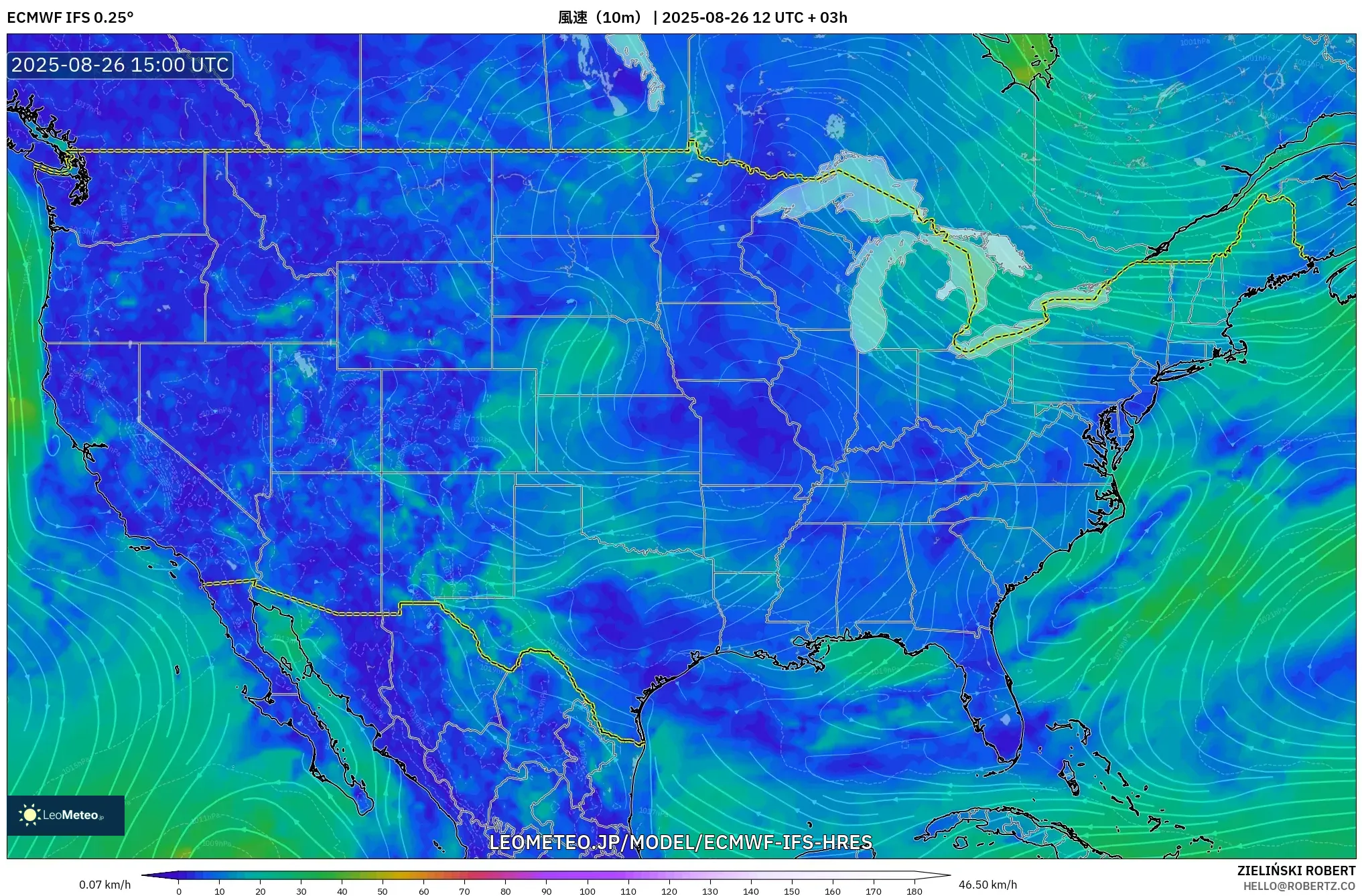 ECMWF IFS 0.25° model - アメリカ合衆国, 風速(10m) ECMWF IFS 0.25° model - アメリカ合衆国, 風速(10m)
