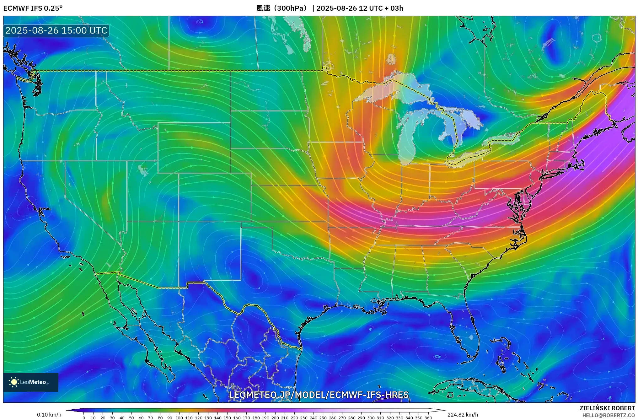 ECMWF IFS 0.25° model - アメリカ合衆国, 風速(300hPa) ECMWF IFS 0.25° model - アメリカ合衆国, 風速(300hPa)