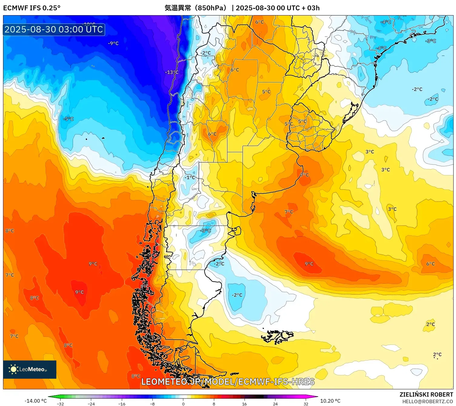 ECMWF IFS 0.25° model - アルゼンチン, 気温異常（850hPa）