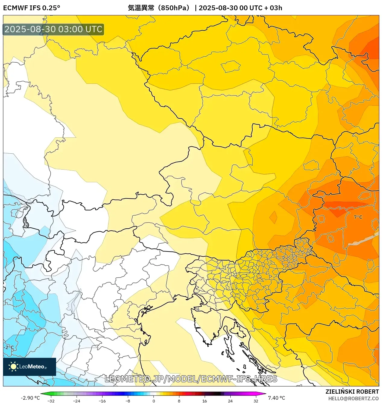 ECMWF IFS 0.25° model - オーストリア, 気温異常(850hPa) ECMWF IFS 0.25° model - オーストリア, 気温異常(850hPa)