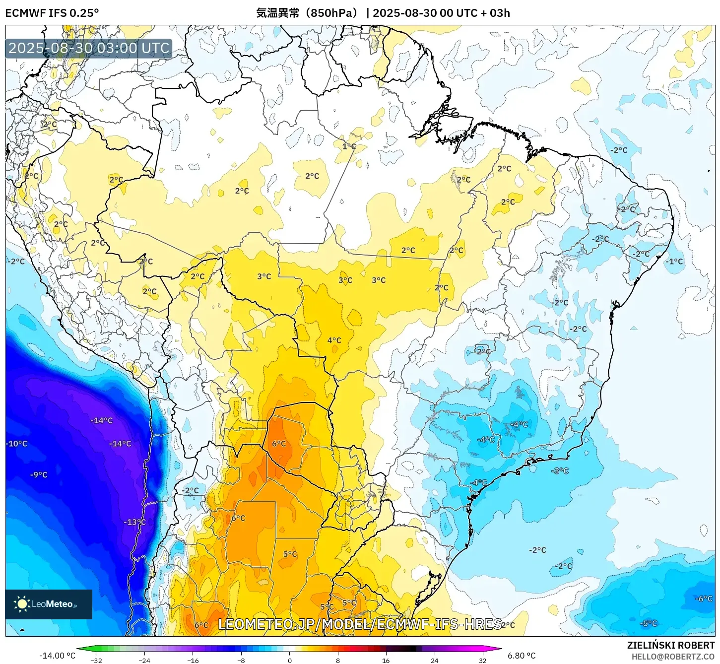 ECMWF IFS 0.25° model - ブラジル, 気温異常(850hPa) ECMWF IFS 0.25° model - ブラジル, 気温異常(850hPa)