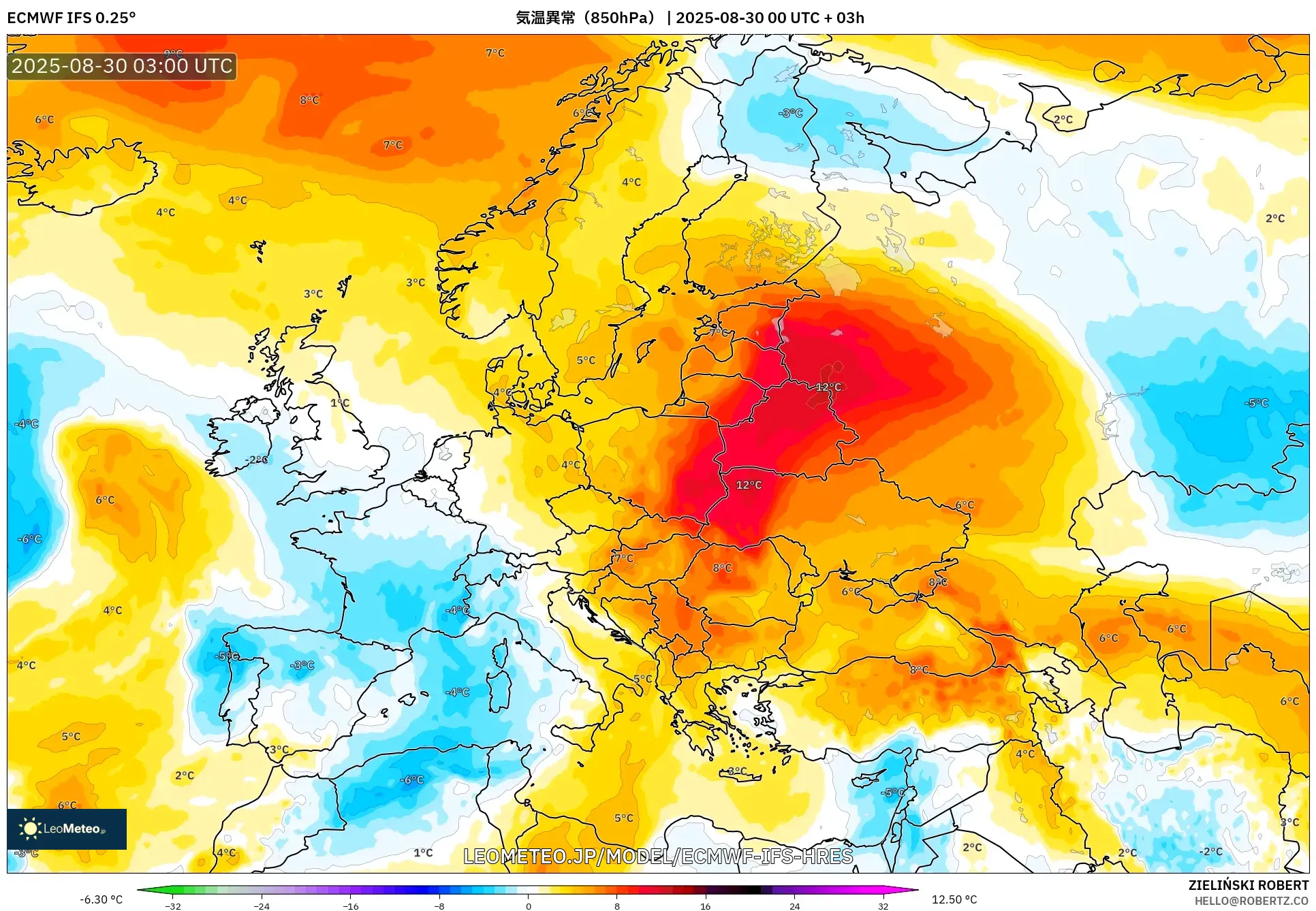 ECMWF IFS 0.25° model - ヨーロッパ, 気温異常(850hPa) ECMWF IFS 0.25° model - ヨーロッパ, 気温異常(850hPa)
