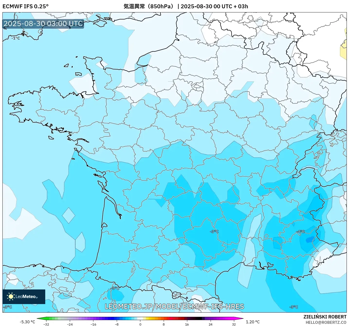 ECMWF IFS 0.25° model - フランス, 気温異常（850hPa）