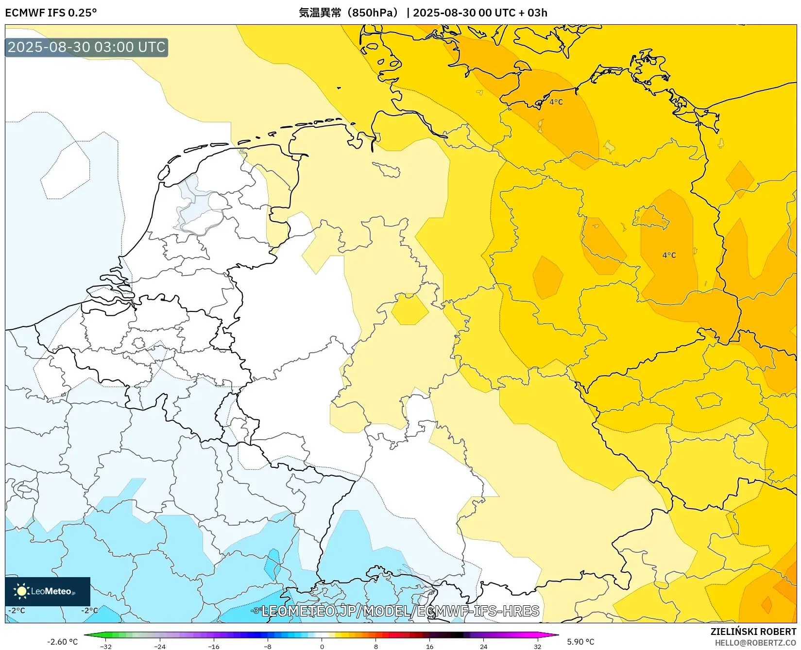 ECMWF IFS 0.25° model - ドイツ, 気温異常(850hPa) ECMWF IFS 0.25° model - ドイツ, 気温異常(850hPa)