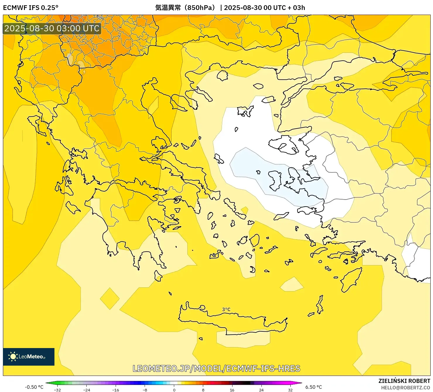 ECMWF IFS 0.25° model - ギリシャ, 気温異常（850hPa）