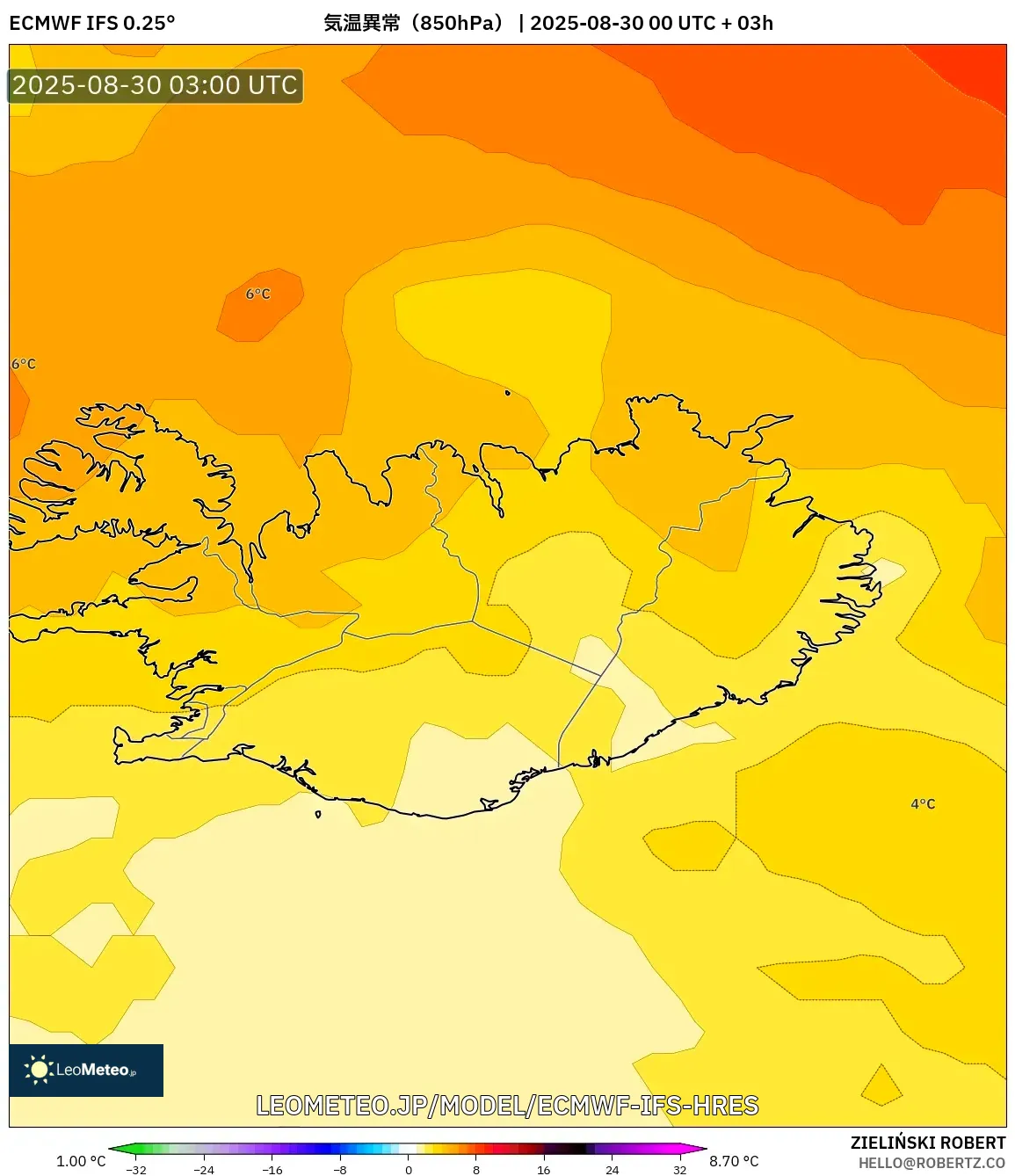 ECMWF IFS 0.25° model - アイスランド, 気温異常（850hPa）