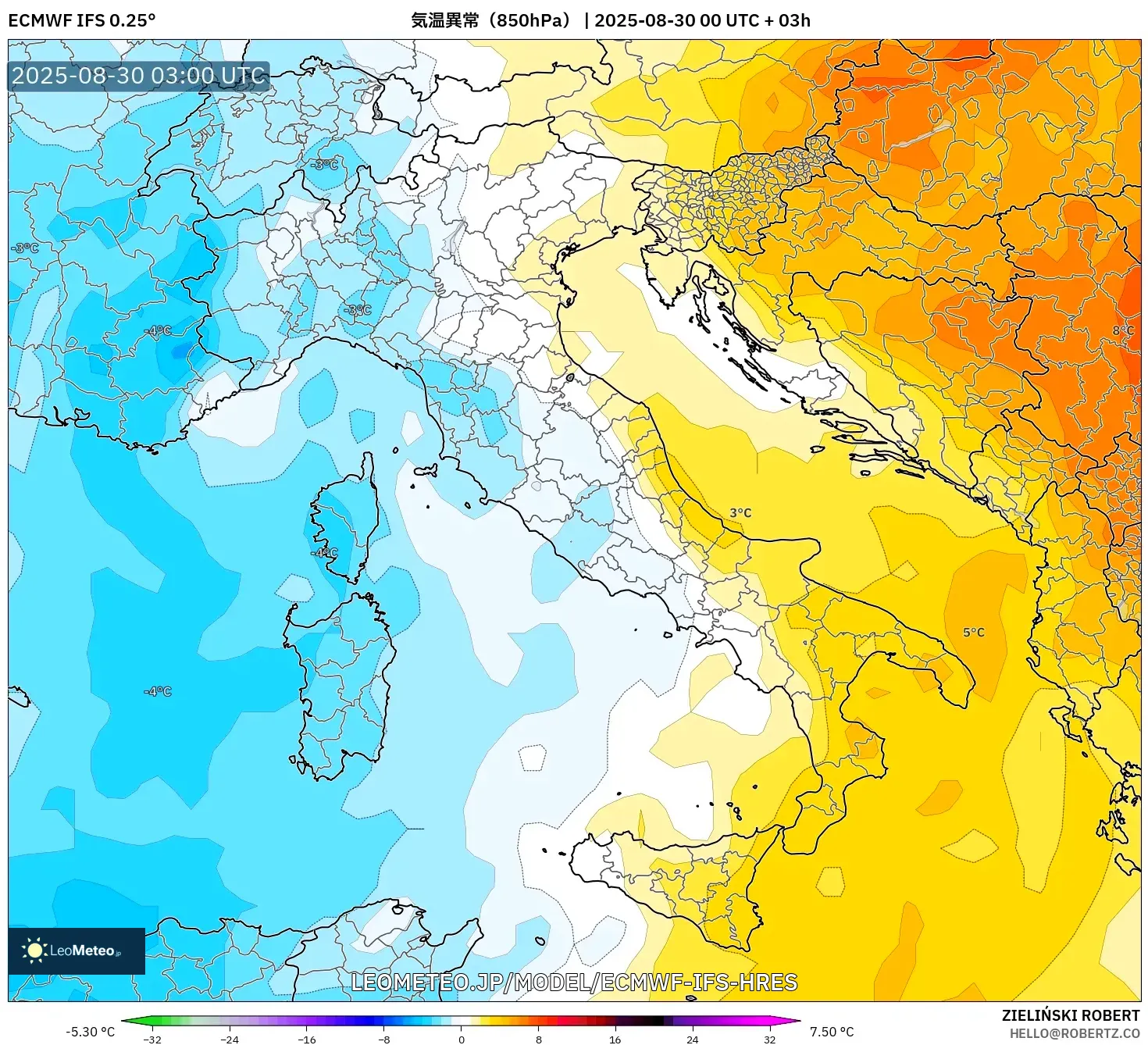 ECMWF IFS 0.25° model - イタリア, 気温異常（850hPa）