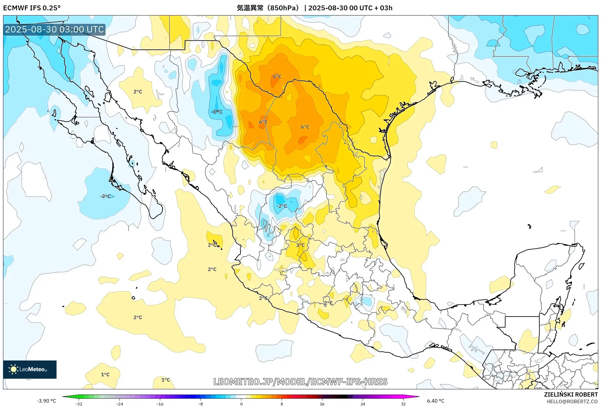 ECMWF IFS 0.25° model - メキシコ, 気温異常(850hPa) ECMWF IFS 0.25° model - メキシコ, 気温異常(850hPa)