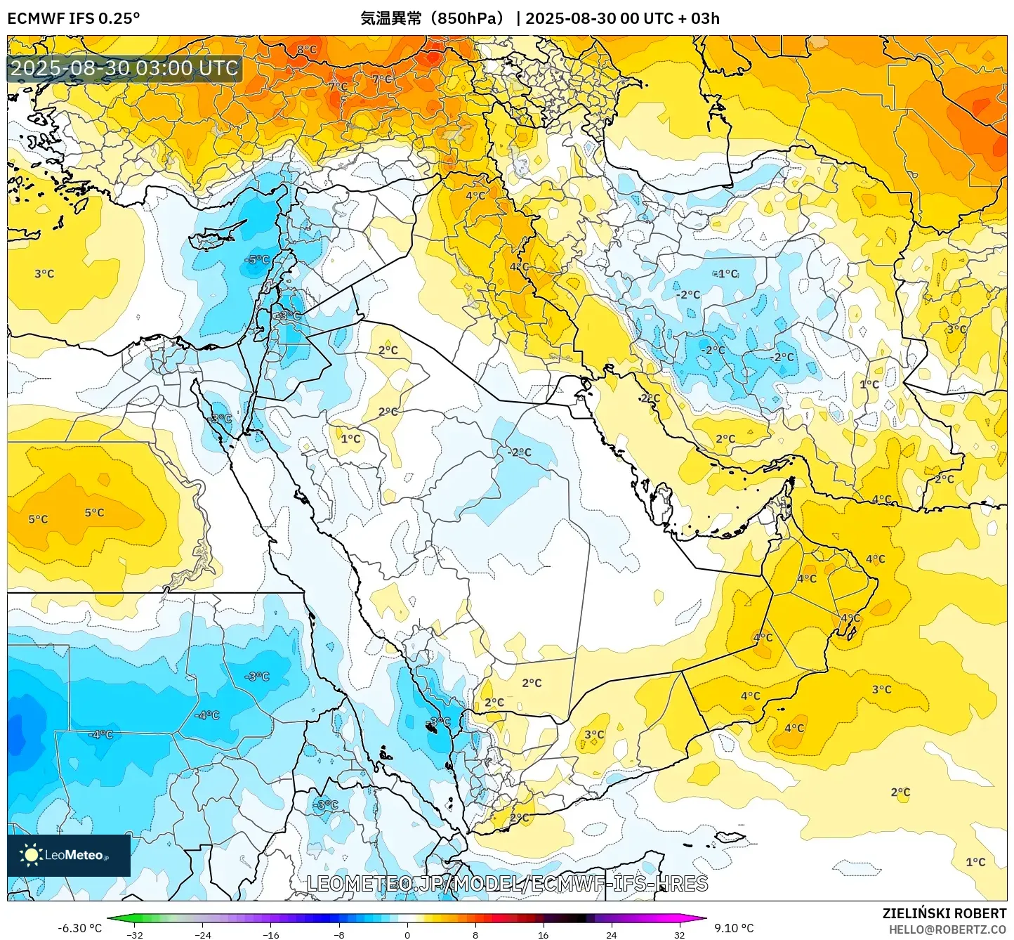ECMWF IFS 0.25° model - 中東, 気温異常（850hPa）
