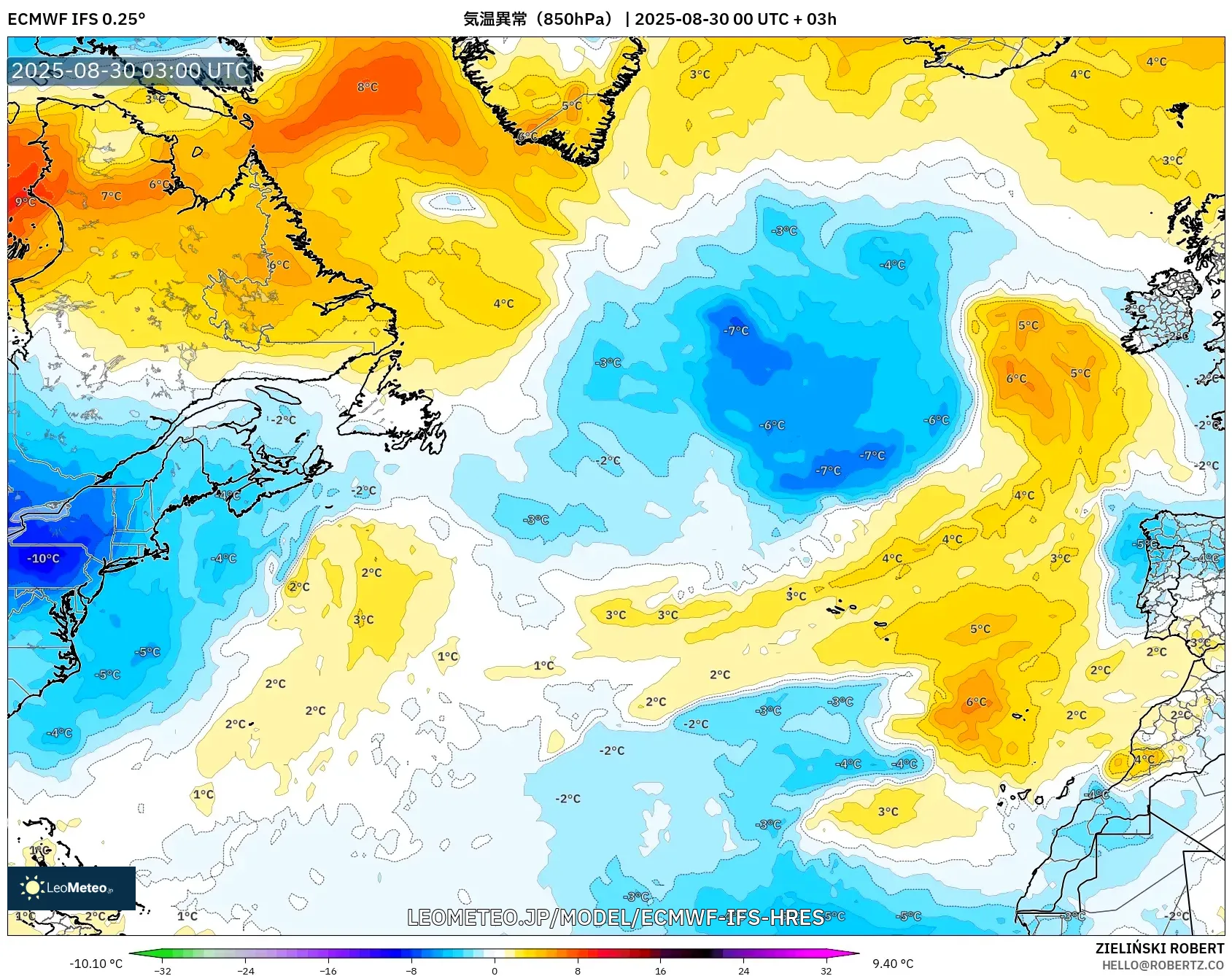 ECMWF IFS 0.25° model - 北大西洋, 気温異常（850hPa）