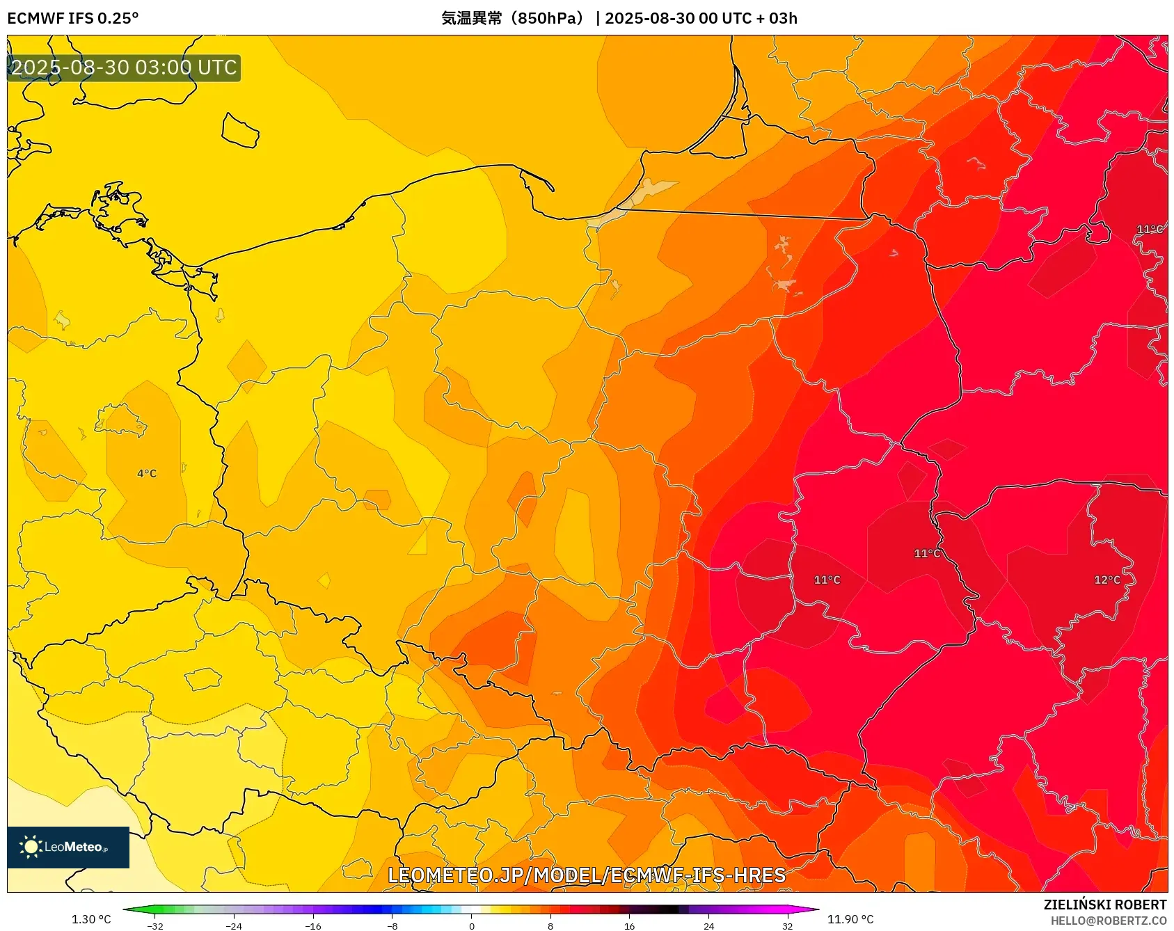 ECMWF IFS 0.25° model - ポーランド, 気温異常(850hPa) ECMWF IFS 0.25° model - ポーランド, 気温異常(850hPa)