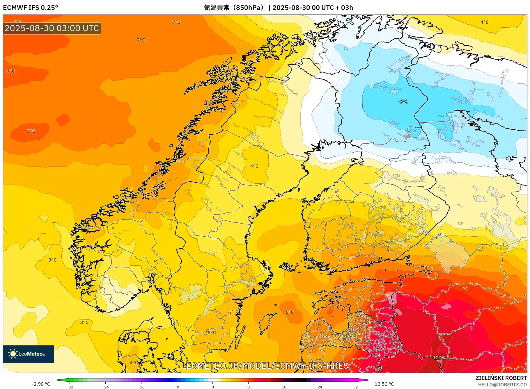 ECMWF IFS 0.25° model - スカンジナビア, 気温異常（850hPa）