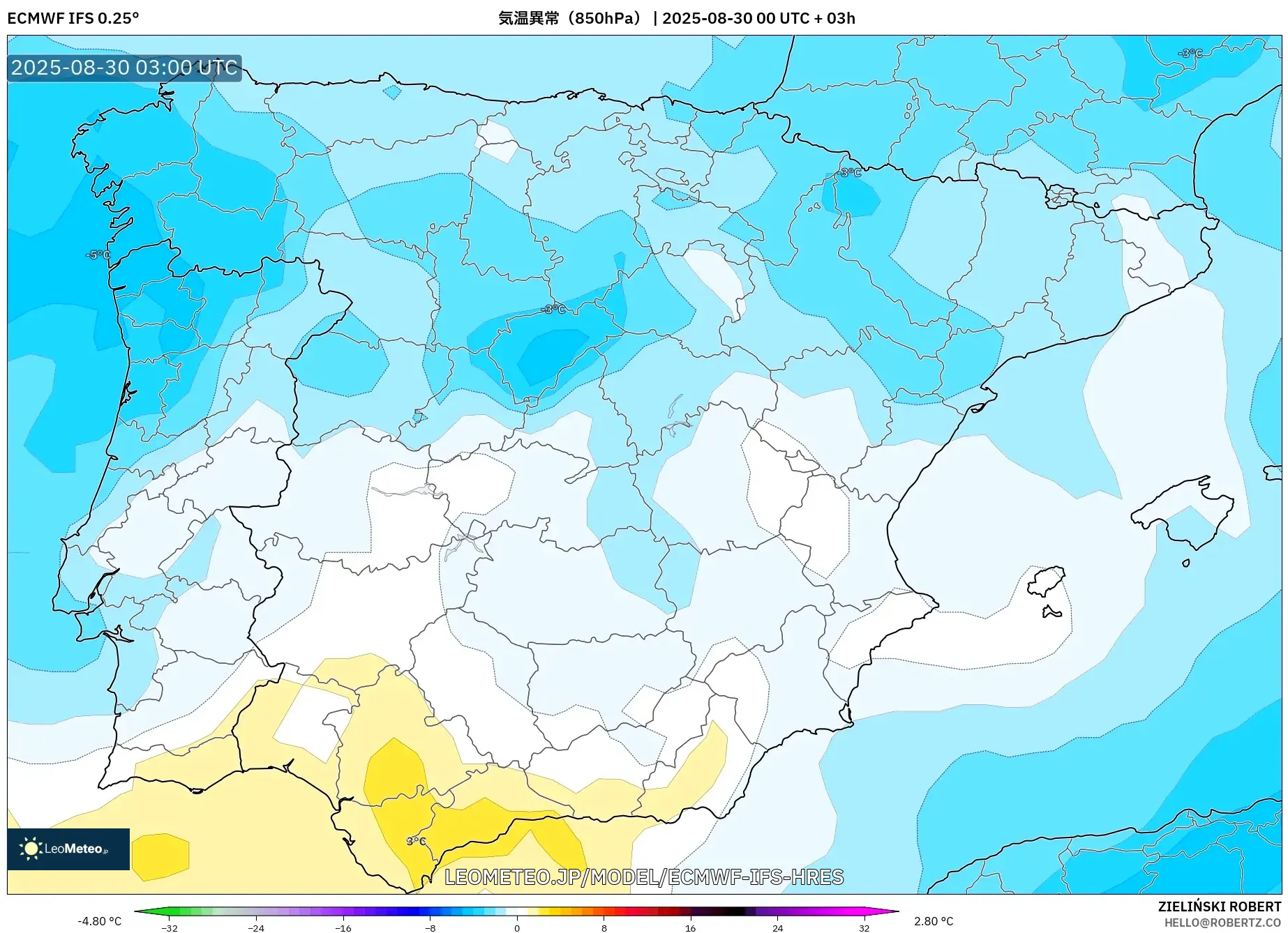 ECMWF IFS 0.25° model - スペイン, 気温異常(850hPa) ECMWF IFS 0.25° model - スペイン, 気温異常(850hPa)