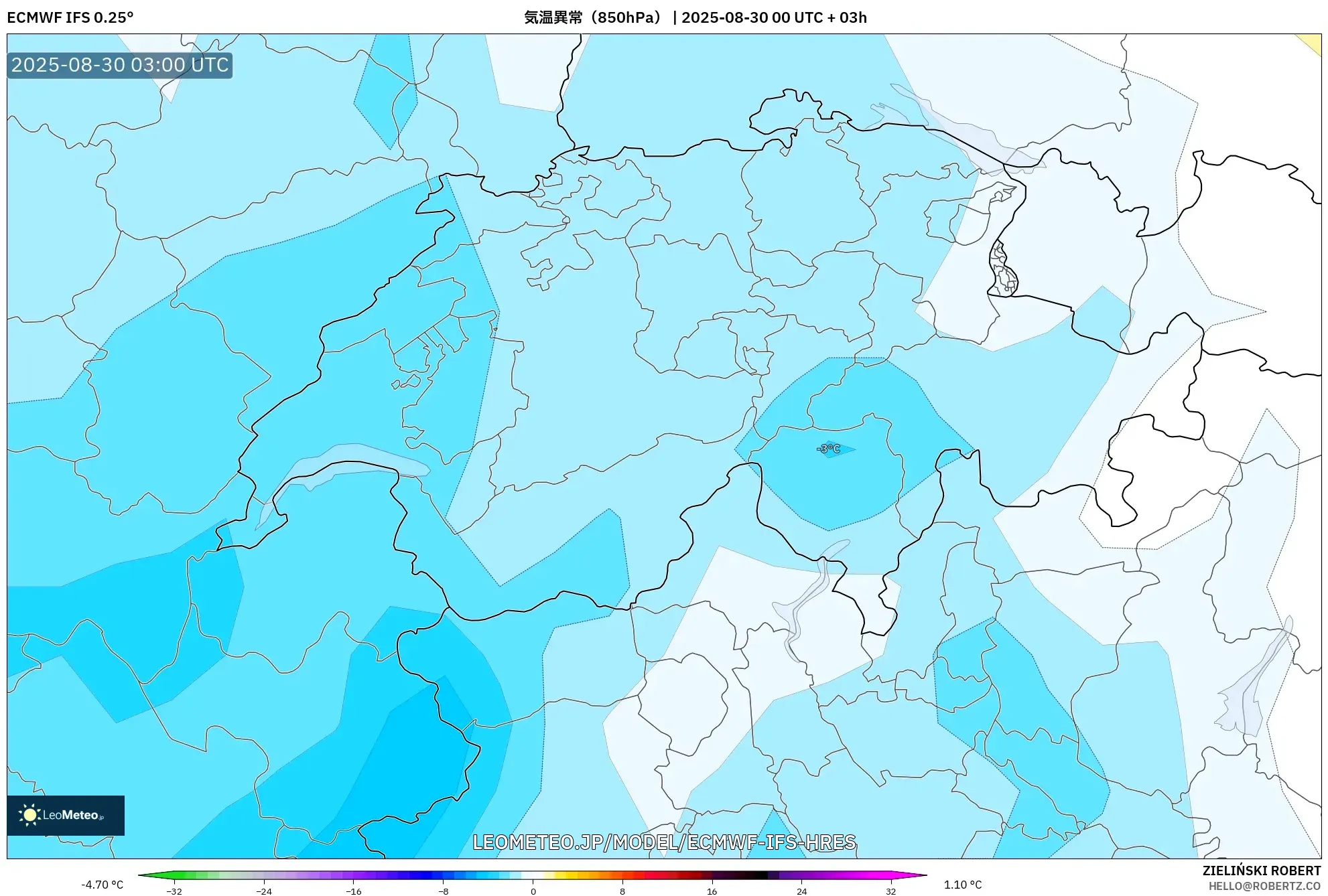 ECMWF IFS 0.25° model - スイス, 気温異常(850hPa) ECMWF IFS 0.25° model - スイス, 気温異常(850hPa)