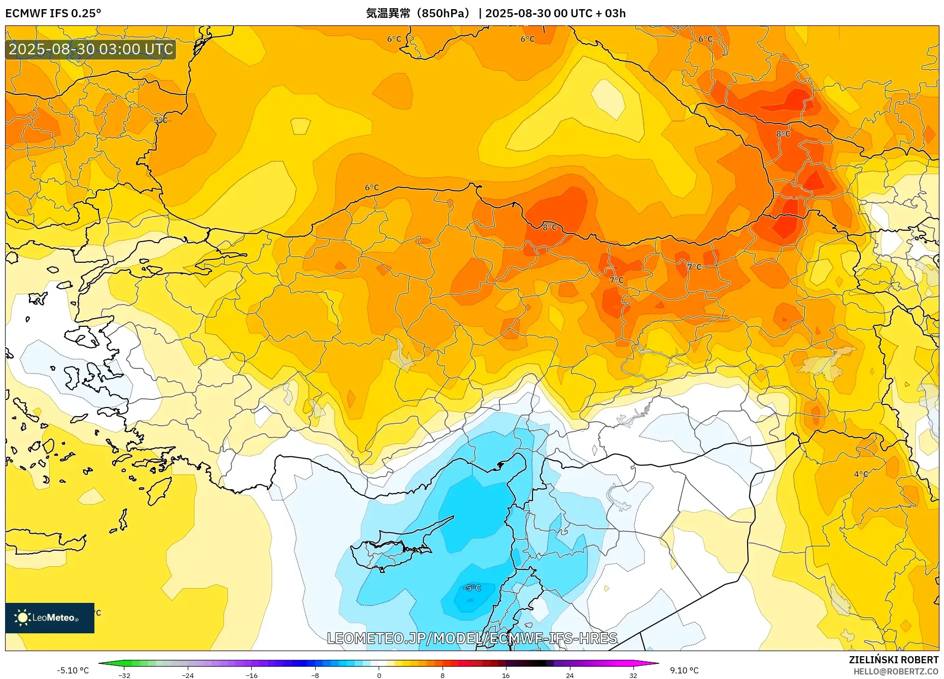 ECMWF IFS 0.25° model - トルコ, 気温異常(850hPa) ECMWF IFS 0.25° model - トルコ, 気温異常(850hPa)