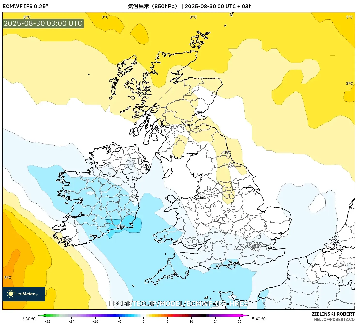 ECMWF IFS 0.25° model - イギリス, 気温異常（850hPa）
