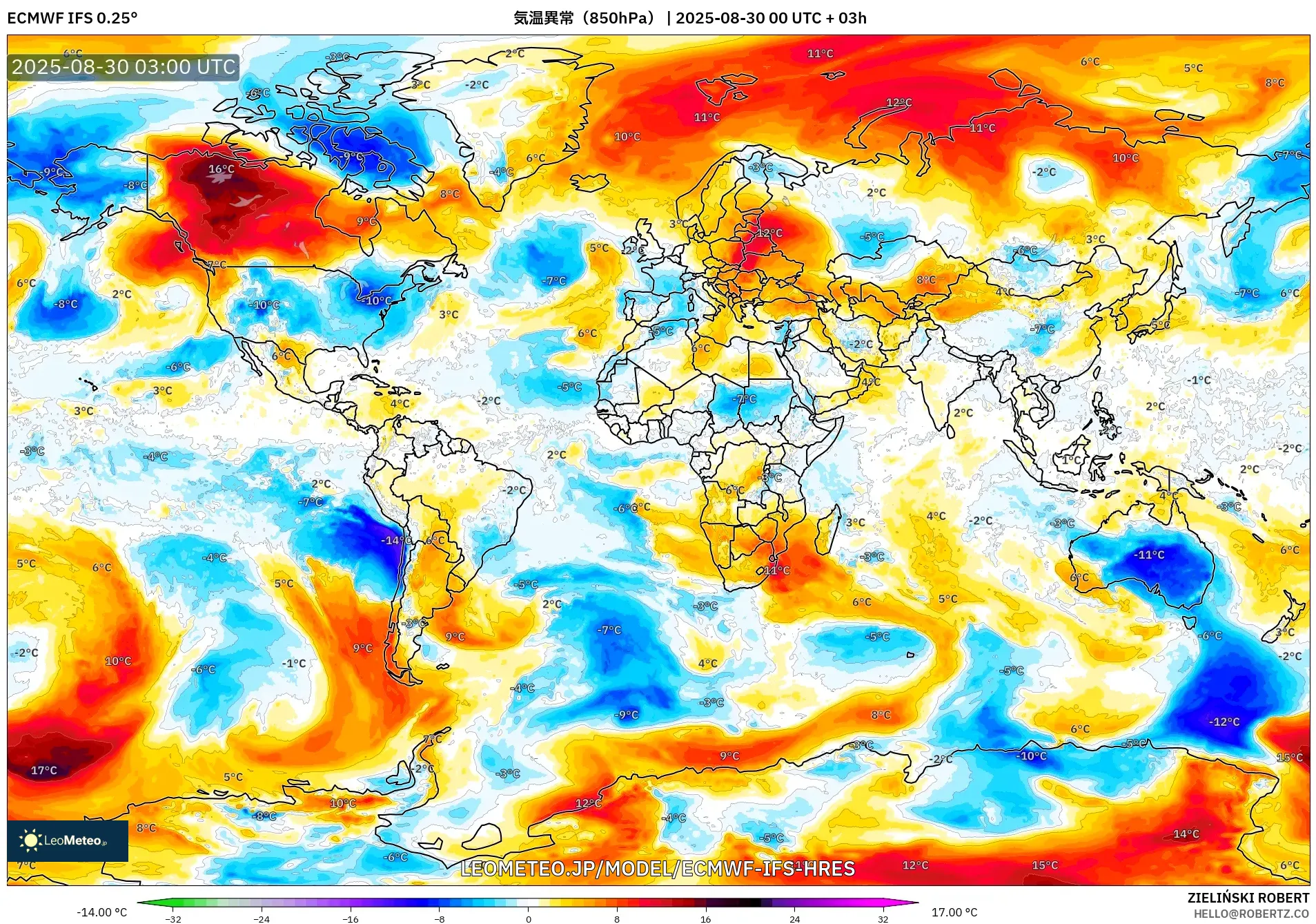 ECMWF IFS 0.25° model - 世界, 気温異常（850hPa）