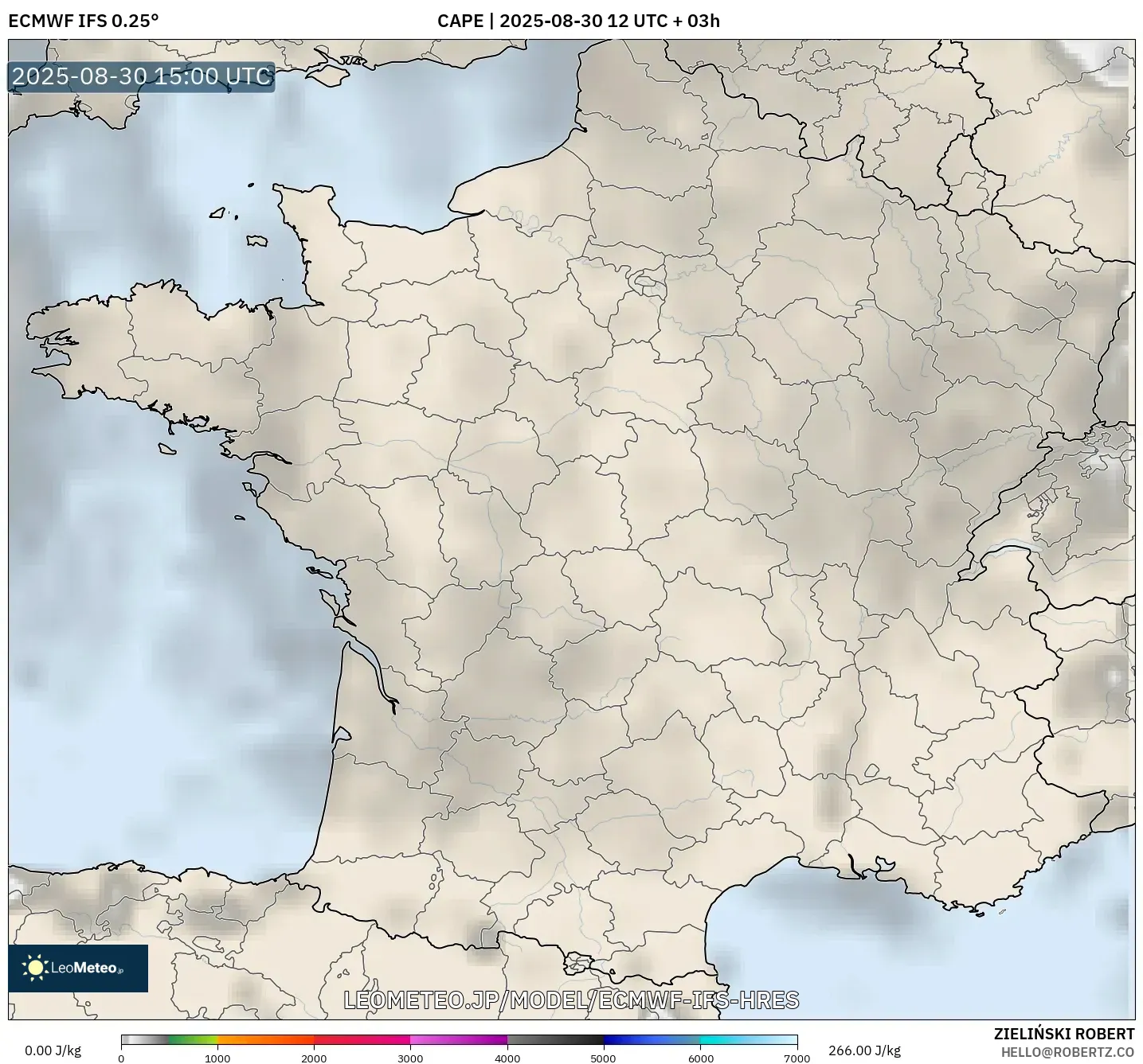 ECMWF IFS 0.25° model - フランス, CAPE ECMWF IFS 0.25° model - フランス, CAPE