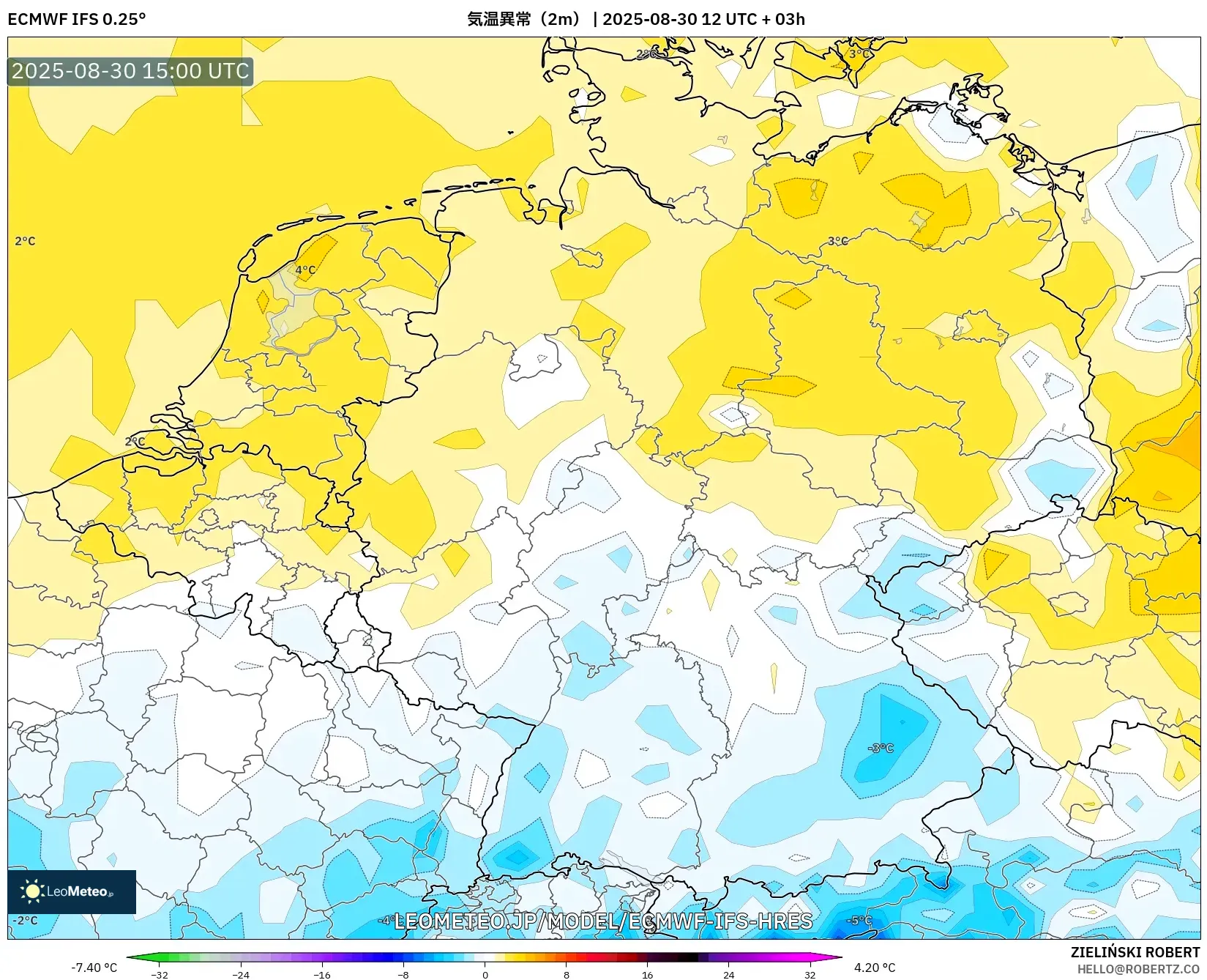 ECMWF IFS 0.25° model - ドイツ, 気温異常(2m) ECMWF IFS 0.25° model - ドイツ, 気温異常(2m)