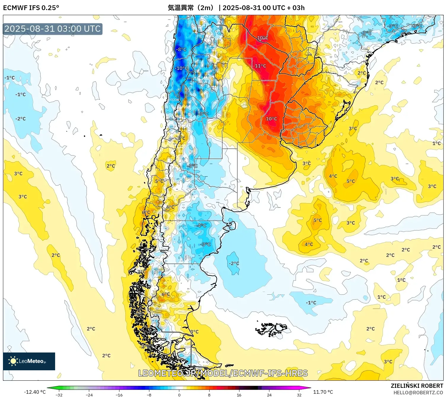 ECMWF IFS 0.25° model - アルゼンチン, 気温異常(2m) ECMWF IFS 0.25° model - アルゼンチン, 気温異常(2m)