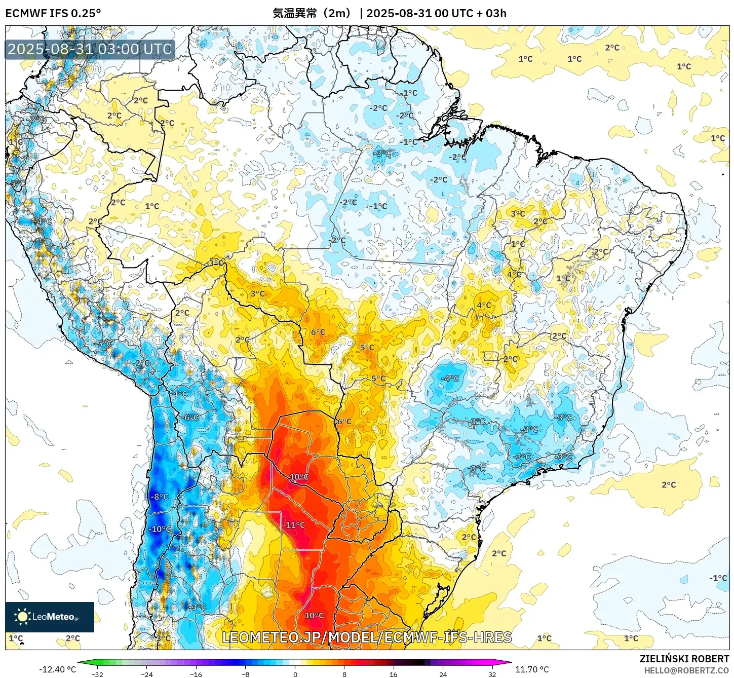 ECMWF IFS 0.25° model - ブラジル, 気温異常(2m) ECMWF IFS 0.25° model - ブラジル, 気温異常(2m)