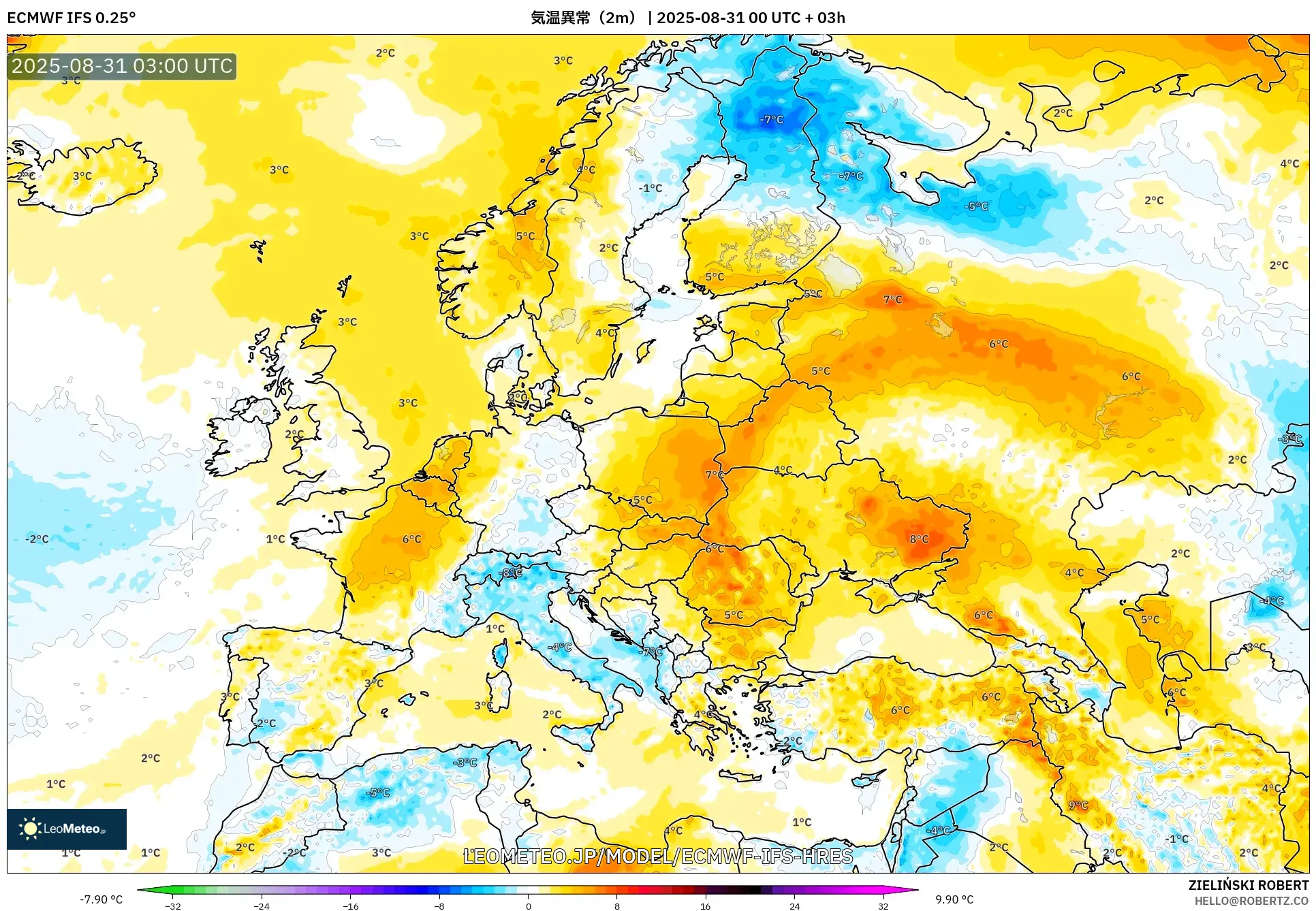 ECMWF IFS 0.25° model - ヨーロッパ, 気温異常(2m) ECMWF IFS 0.25° model - ヨーロッパ, 気温異常(2m)