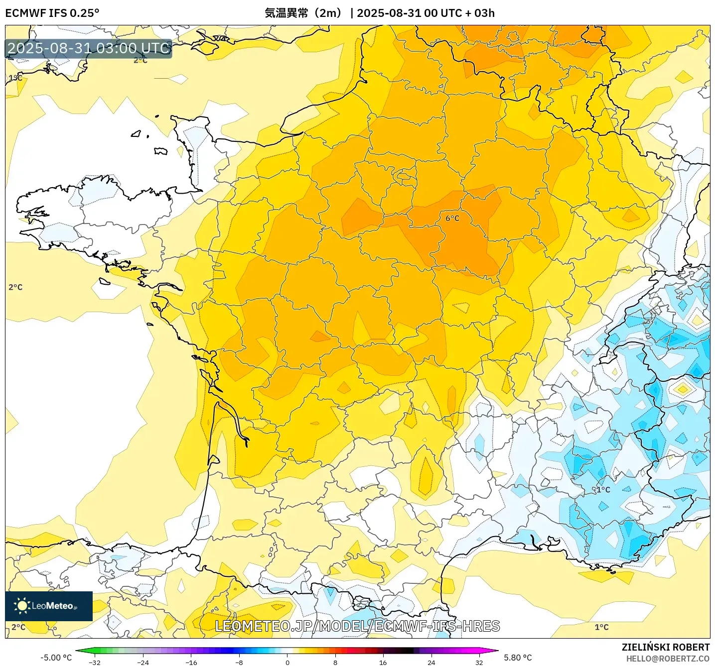 ECMWF IFS 0.25° model - フランス, 気温異常(2m) ECMWF IFS 0.25° model - フランス, 気温異常(2m)