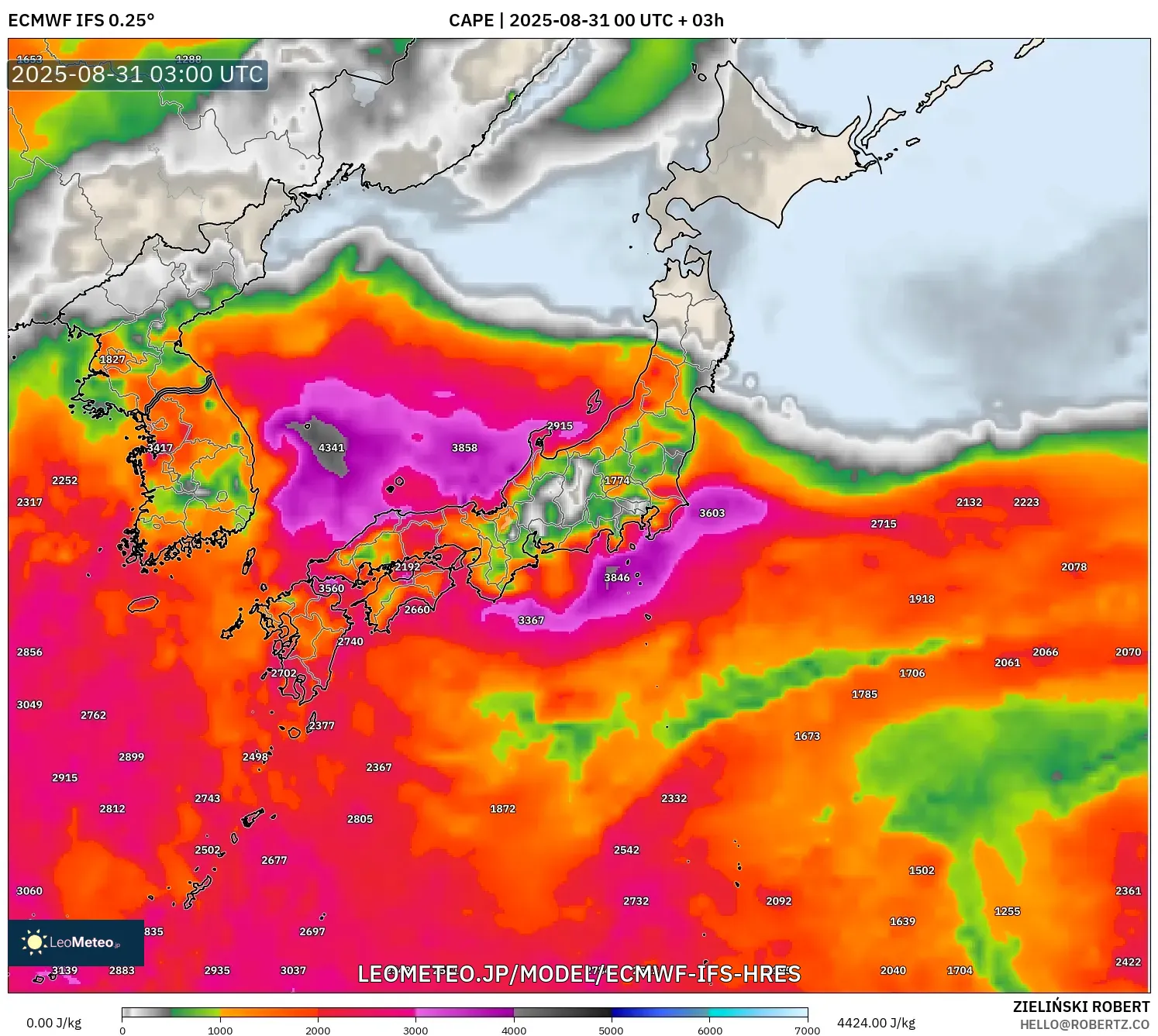 ECMWF IFS 0.25° model - 日本, CAPE