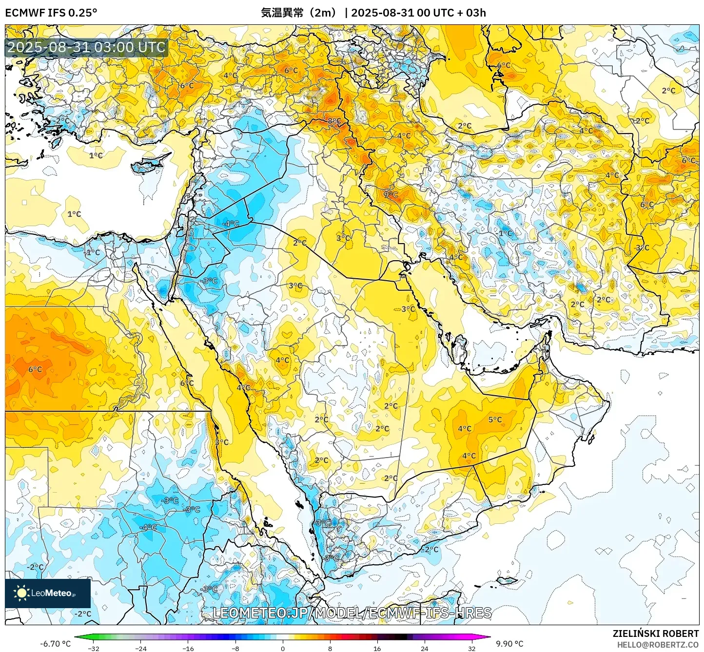 ECMWF IFS 0.25° model - 中東, 気温異常（2m）