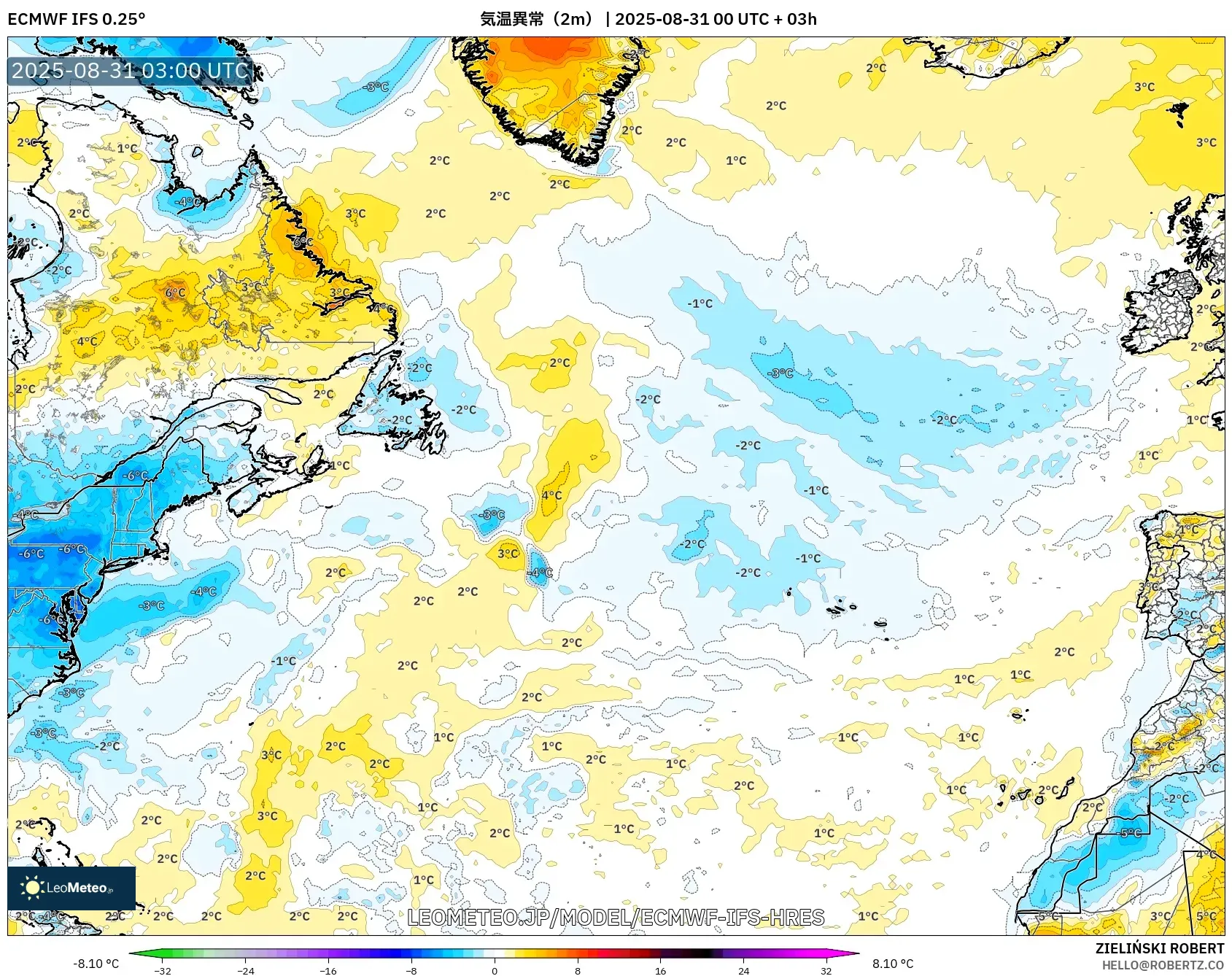 ECMWF IFS 0.25° model - 北大西洋, 気温異常(2m) ECMWF IFS 0.25° model - 北大西洋, 気温異常(2m)