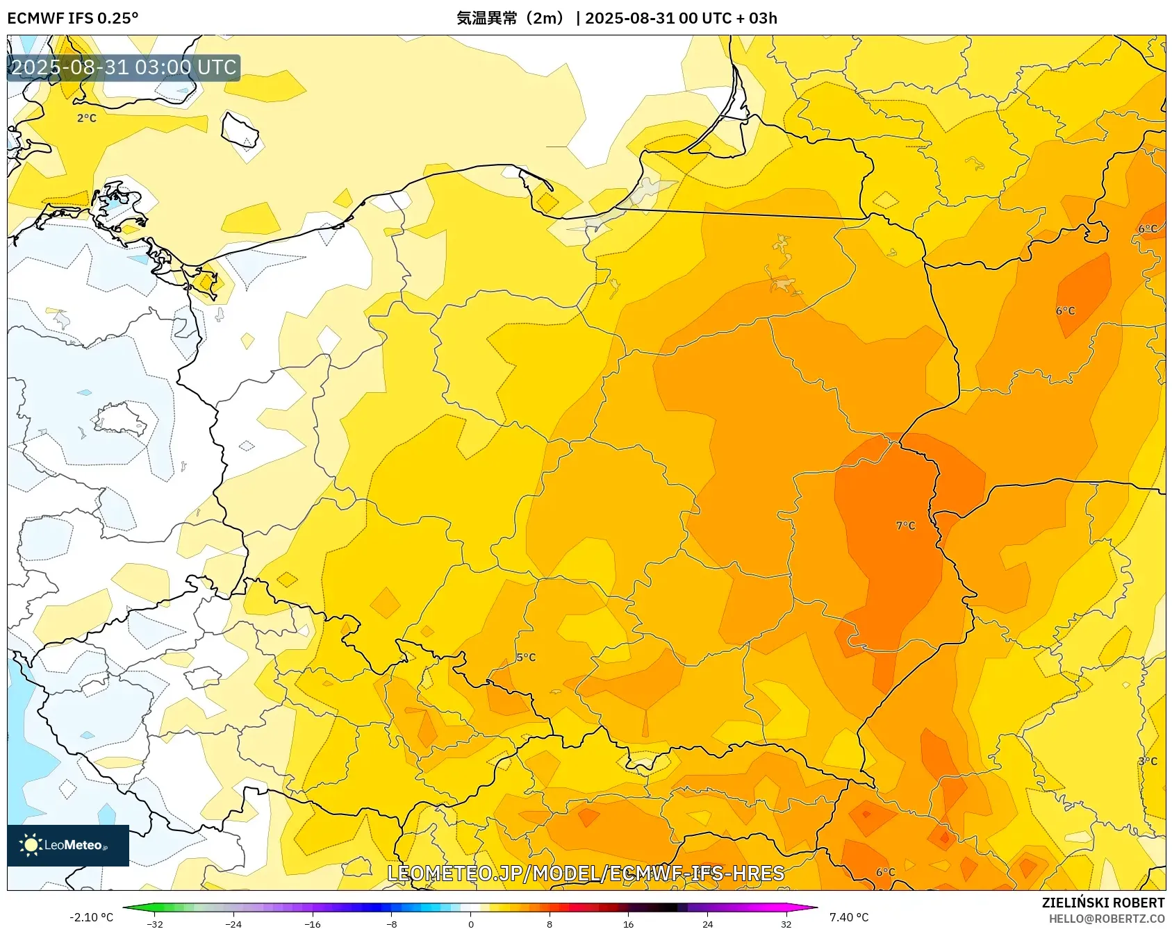 ECMWF IFS 0.25° model - ポーランド, 気温異常(2m) ECMWF IFS 0.25° model - ポーランド, 気温異常(2m)