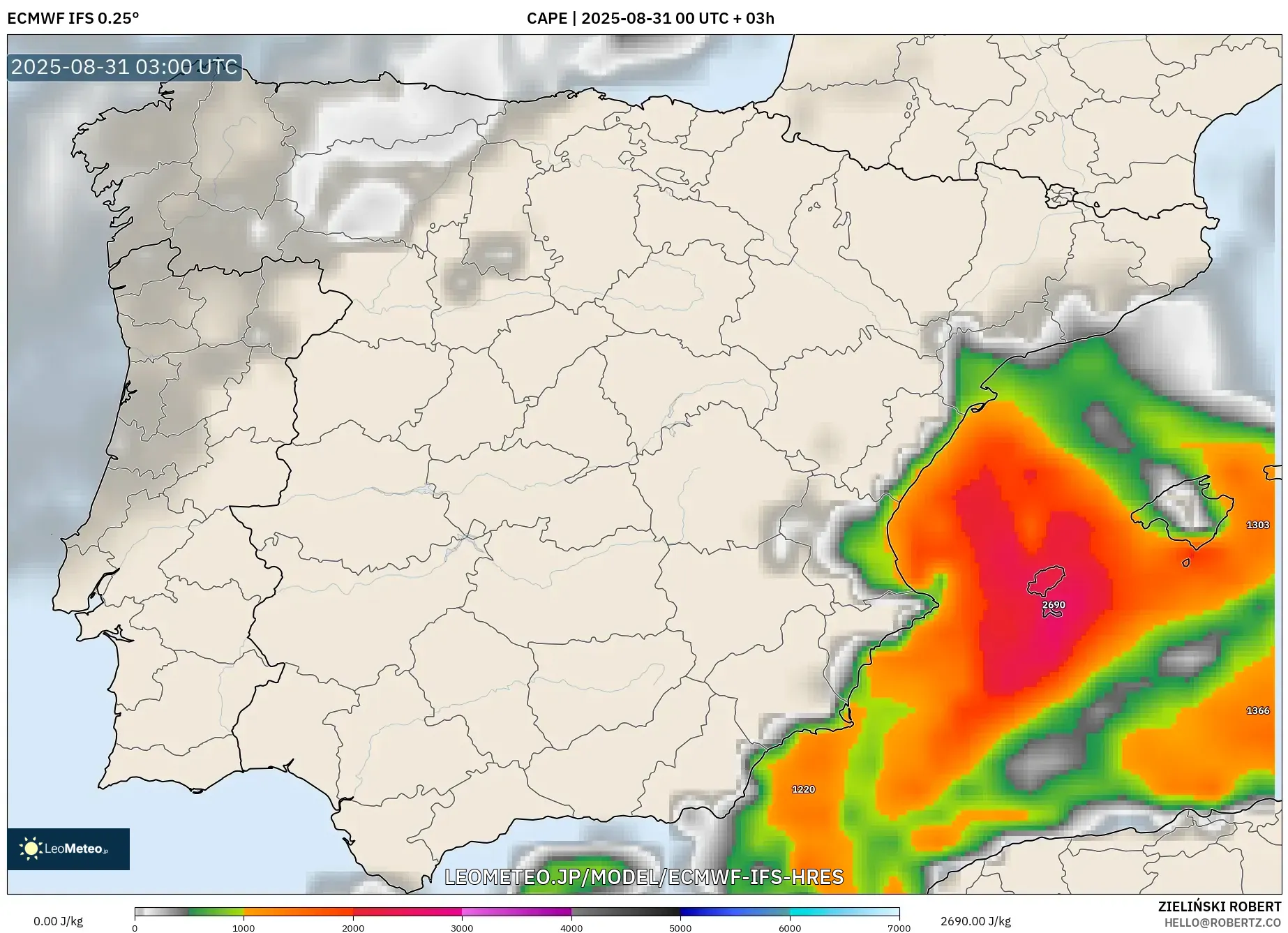 ECMWF IFS 0.25° model - スペイン, CAPE ECMWF IFS 0.25° model - スペイン, CAPE